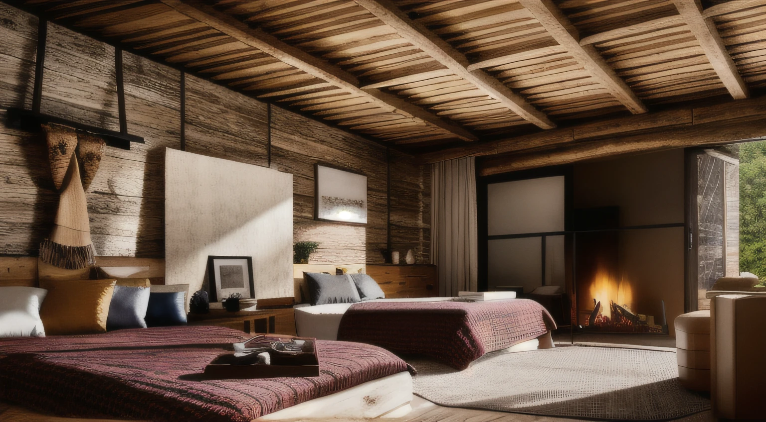 Room with fireplace and large windows with 2 beds。, wooden ceiling, low ceiling, modern rustic, filled with natural light, natural light in room, Rustic, high quality rendering, Warm natural light, high quality rendering, wood accents, photo realistic style, Realistic physical rendering, Realistic style, dramatic rendering, Realistic depiction, luxurious wooden cottage