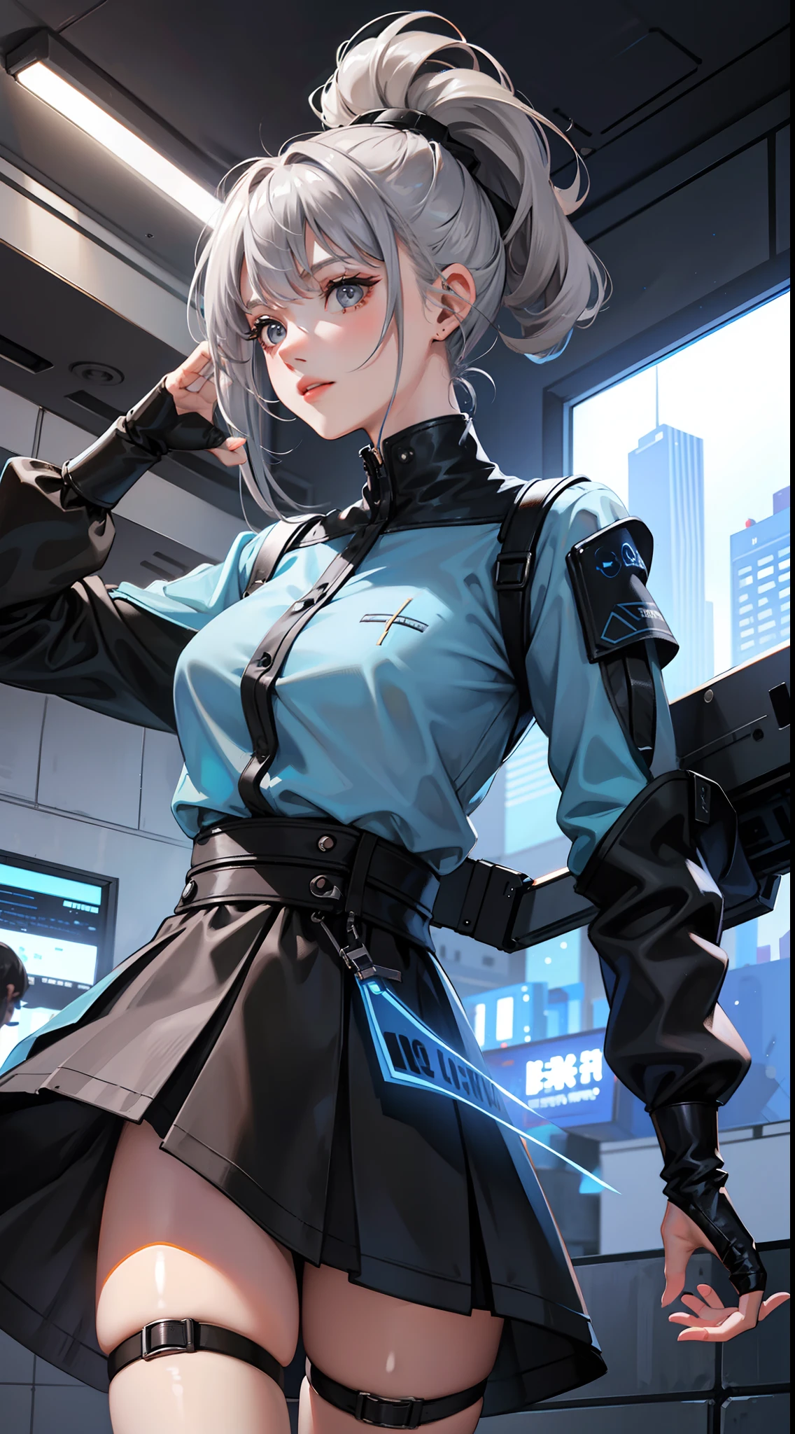 young girl, short gray hair, high ponytail, gray eyes, Blue Battle Shirt, upskirt, robot behind, arma, Masterpiece, hiquality, 4k, HD, Good detail
