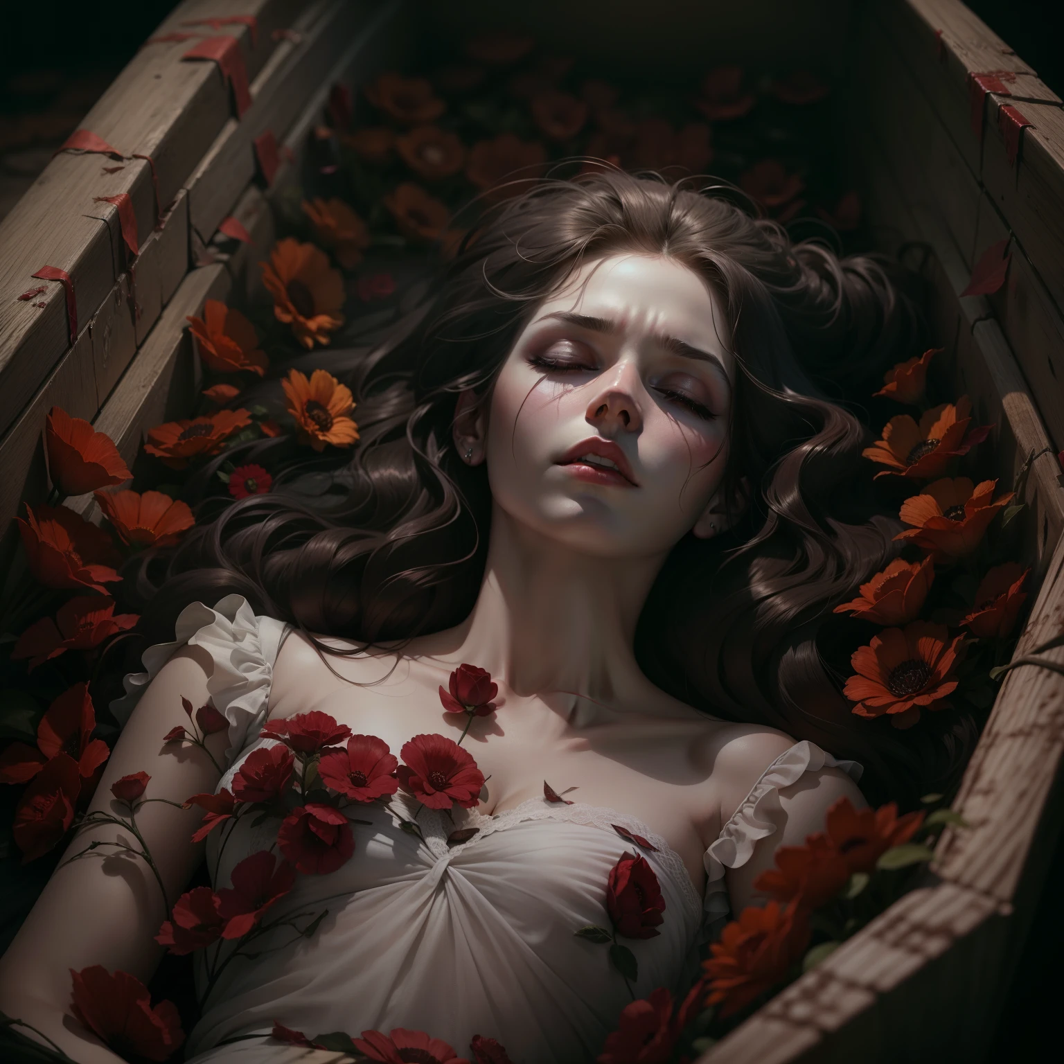 Realistic and detailed image of a beautiful and dead woman, eyes closed,Dark and pale skin, 20 years old, Lying in the coffin with a livid face, Red and demonic eyes opened