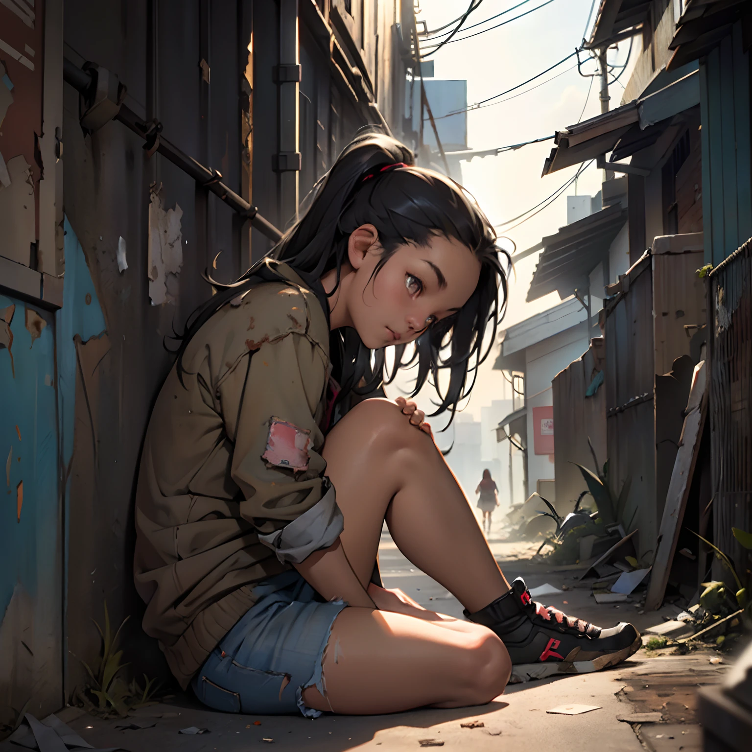 There's a little girl sitting on the floor in a dirty alley.., Close-up view, Front angle, young girl (Black hair, Ten years old, tattered clothes), sad,Focus away, sit by the wall, ruined city, Destroyed buildings, high-resolution, Best Quality, cinematic lighting, realistic details, sharp focus, soft lighting, detailled eyes