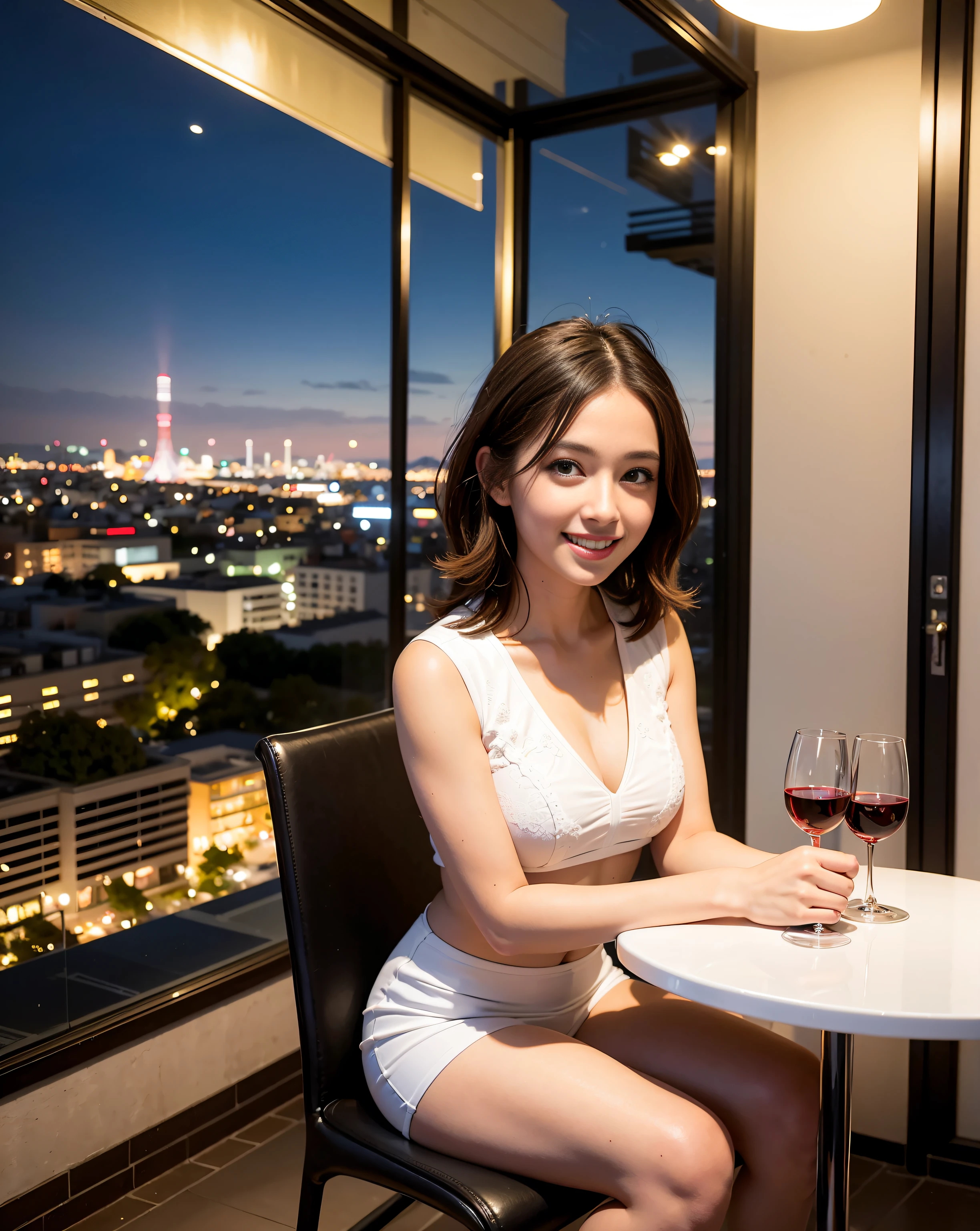 (64K, UHD, top quality, masterpiece: 1.2), (realistic, photorealistic: 1.37), super detailed, pretty woman 1 person, (slim face), (slim body), (brown hair), (short cut), cheeks slightly blushing, (35 years old), 38 years old, solo, beautiful detailed urban night view outside the window, restaurant, wine glasses sit, at night, in a prominent place (from the waist up) NovaFrogStyle, Actress, Model, Waist Up, White Wine, Slim, Wine Glass, Super Clean Night View, Wine Glass Put in the Middle, Happy Smile, (Smile: 1.15), Beautiful Fine Eyes, Upper Body, Bust Japan Up, Night, Short, Short, Actress, Model, Waist Up, White Wine, Slim, Wine Glass, Super Clean Night View, Wine Glass Put in the Middle, Happy Smile,