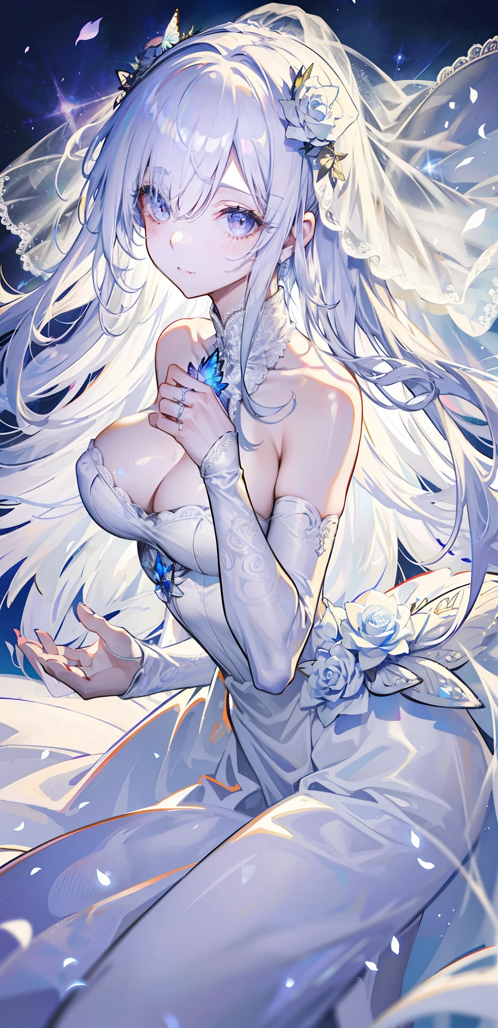 silber hair，butterflys，long whitr hair，white wedding gown，8k wallpaper，detailedbackground，Highest high resolution，deep v big breasts，Hair covers one eye，Bandeau wedding dress，chies，White rose，tight-fitting，
