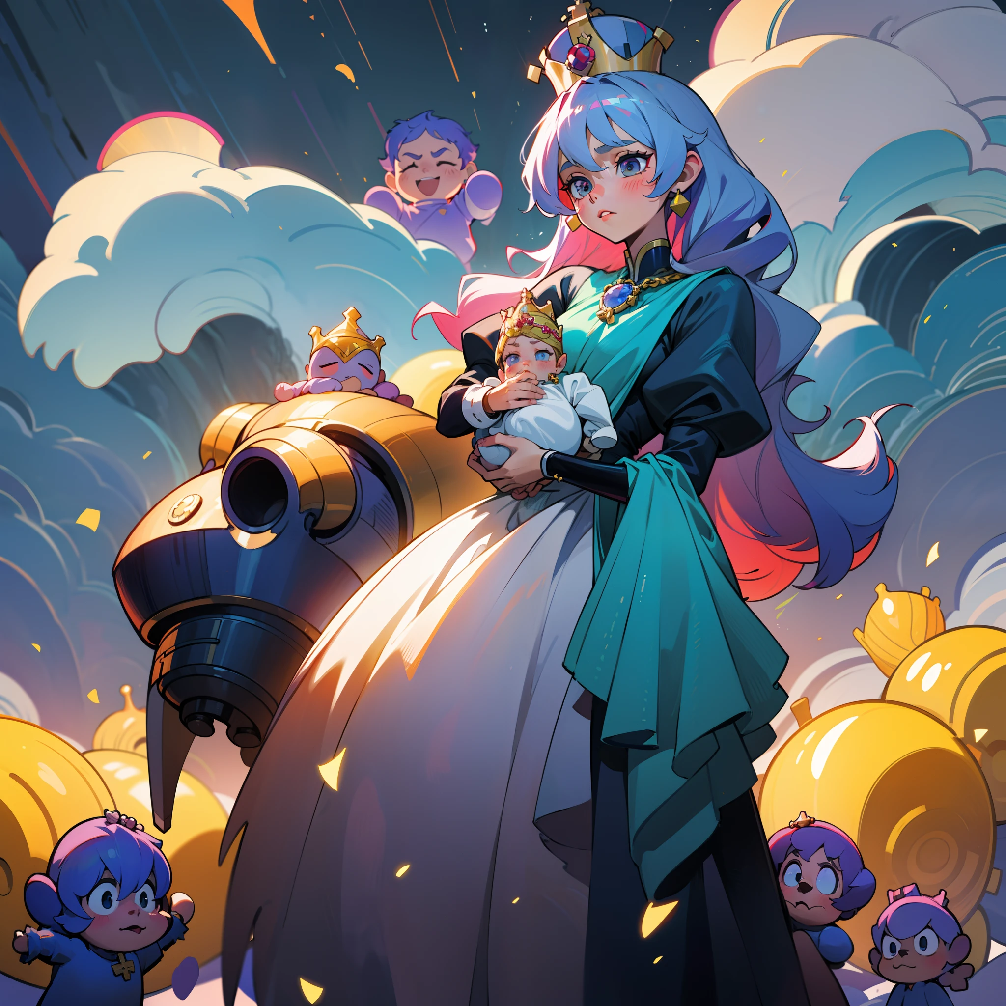 The beautiful 16-year-old queen holds a (baby prince:1.5) wearing shavings in her arms, Walking, Straight eyes, radiating a brilliant aura, Rosary handle, Crown Team, (Systemic: 2.0), Stand in the cloud, our lady, (full body: 2.0) anime, orgrange, with black parts. cinematic lighting, Futurism, Surrealism, anatomically correct, 4K, 8k, super detail,