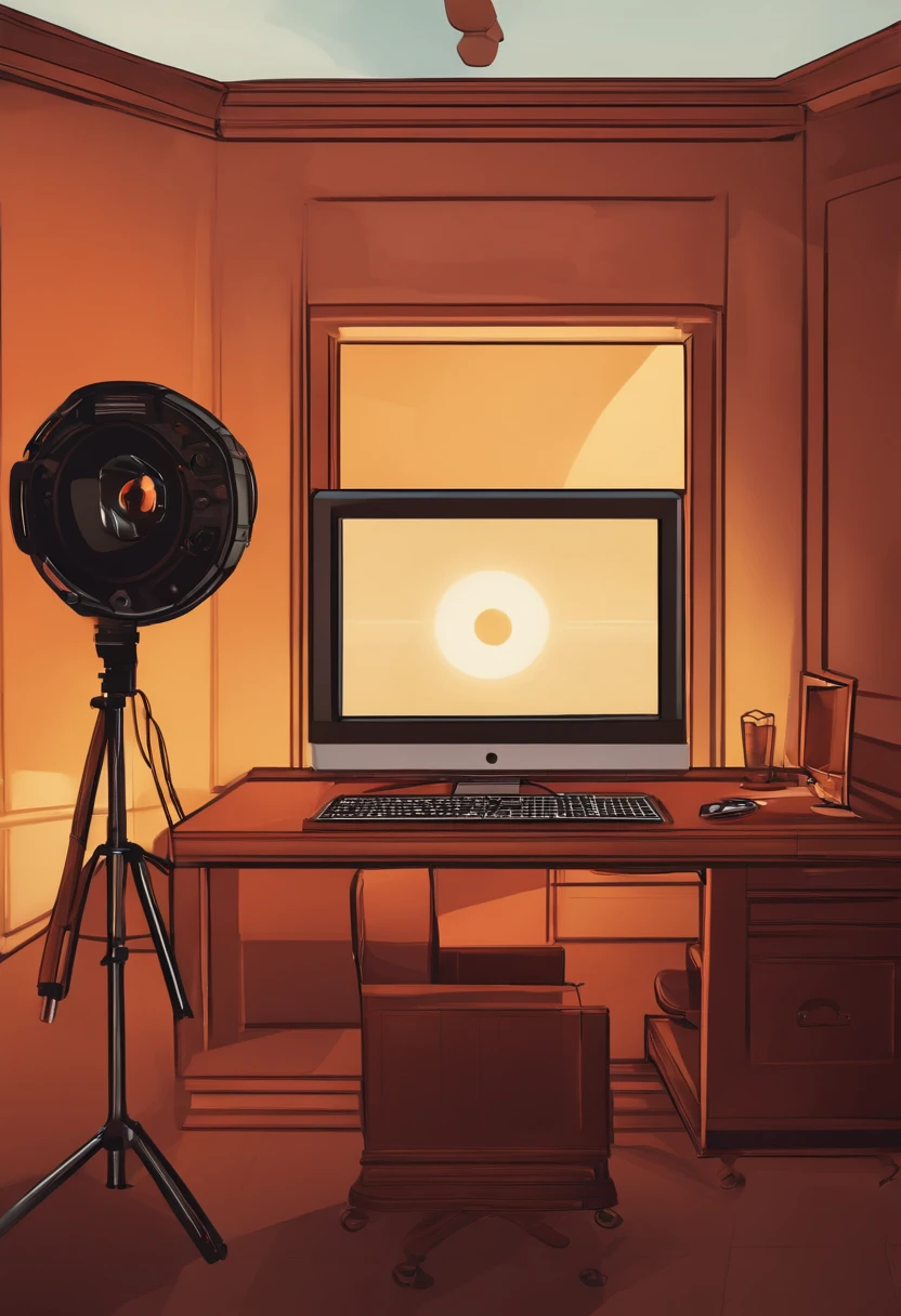 The live broadcast room has a computer and a camera with warm light