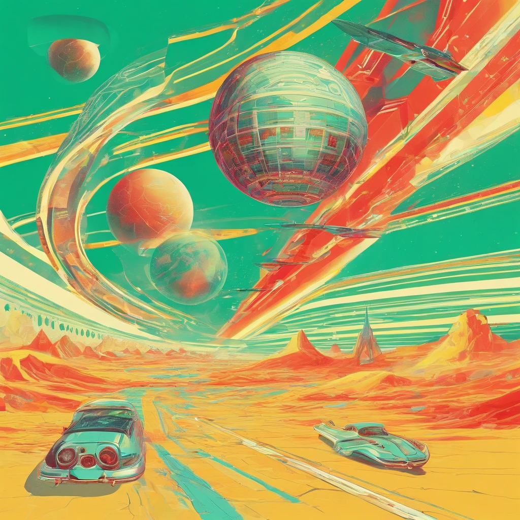 Return wave. 1982 future road 5000 year, between sky and land, green/yellow/red colors neon lights, a flying future ball sophisticated crystal, moon, sand, lack, detailed acrylic, grunge, a closeup of a (Masterpiece, Detailed, High Resolution),