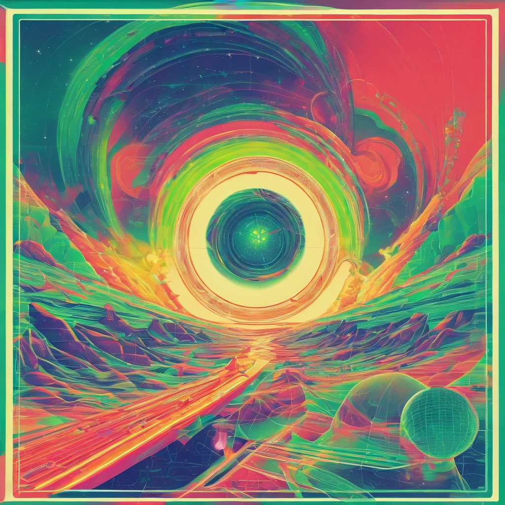 Return wave. 1982 future road 5000 year, between sky and land, green/yellow/red colors neon lights, a flying future ball sophisticated crystal, moon, sand, lack, detailed acrylic, grunge, a closeup of a (Masterpiece, Detailed, High Resolution),