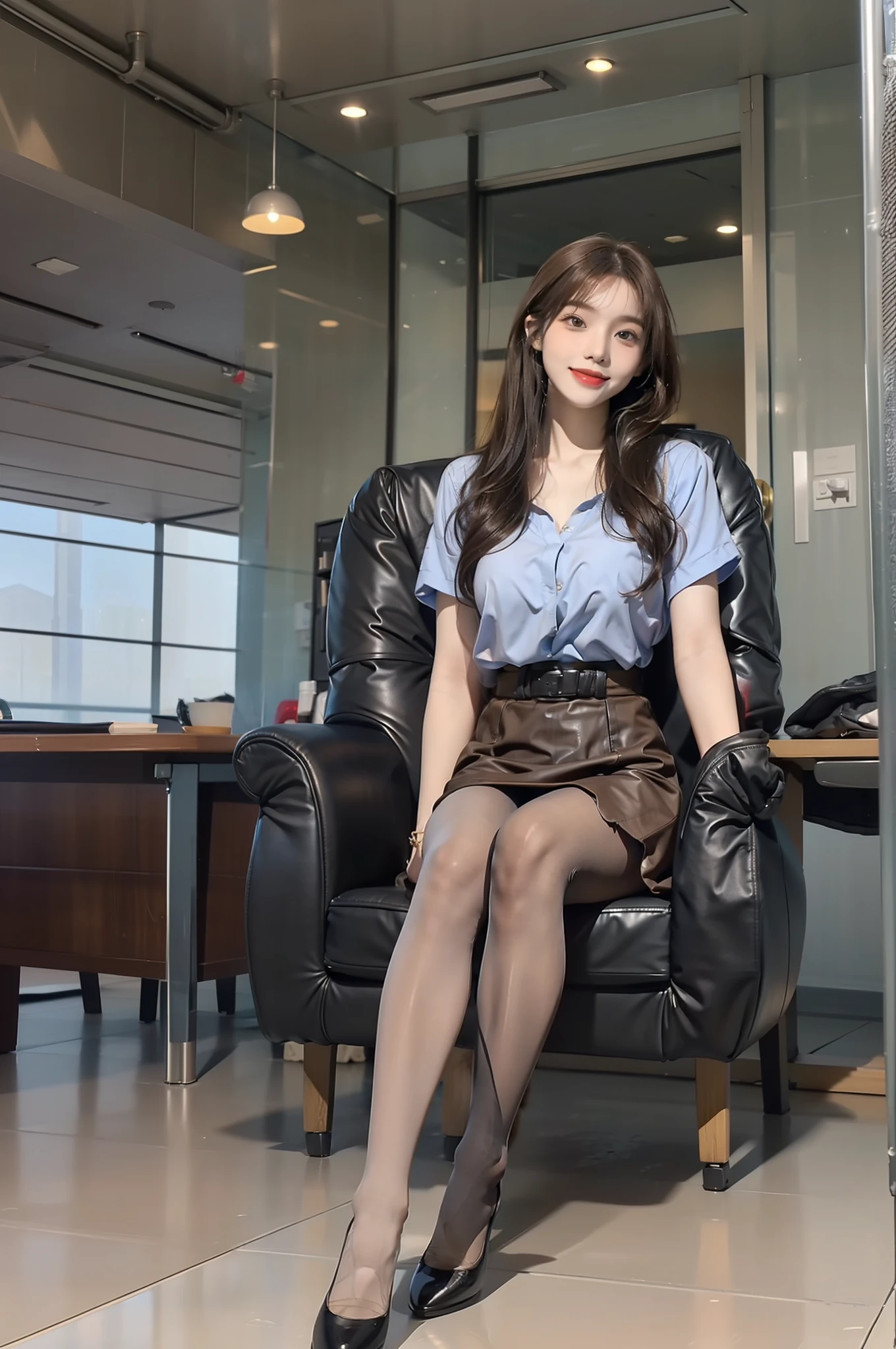 (Full body:1.5)、(((1girl in)):1.3)、Bangs above the eyebrows、(view the viewer:1.4)、((anatomy correct):1.45)、32years old、(Beautiful:1.2) 、(Very large breasts:1.3)、(Accurate and perfect face:1.3)、A smile、hyper HD、Ray traching、reflective light、 Structurally correct、awardwinning、high detailing、Lighten the shade contrast、Face lighting、Cinematic lighting、masutepiece、super detailing,、High quality、high detailing、Best Quality、 K、High contrast、brunette disheveled hair、((Brown pantyhose:1.3))、Black tight skirt、Blouse、Inside the Secretariat, Inside the Secretariat, Well-dressed woman in suit sits on magnificent black leather chair. She took off her shoes、I propped my legs on the desk, Exposing the soles of shoes with a contemptuous smile. Her posture exudes an air of arrogance and superiority. This scene is、It is seen from the point of view of the person who is facing him directly, Capturing the arrogant attitude of women.