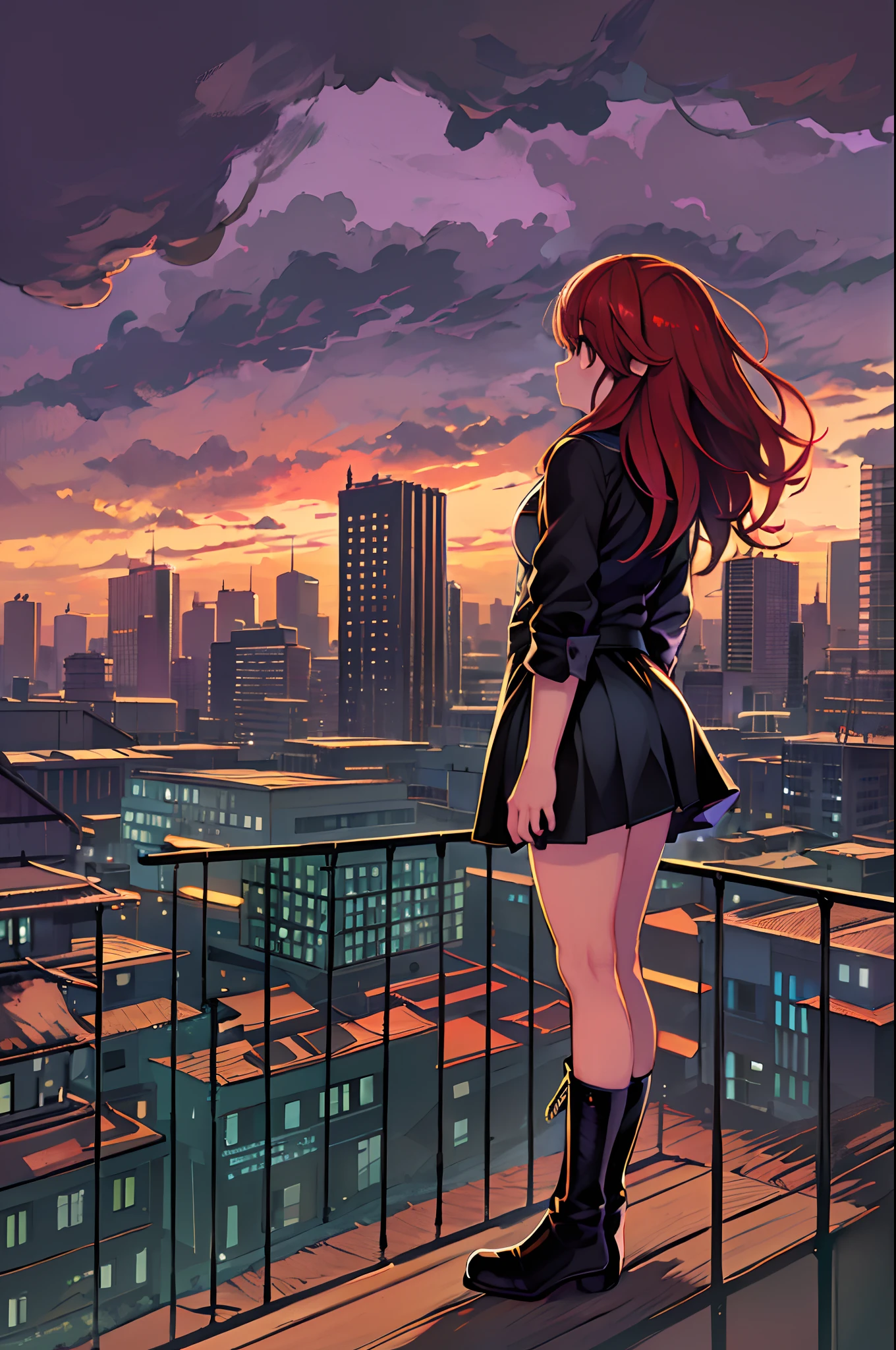 ((best illustration)) Brazilian girl, red hair, teenage body, black top, black tight skirt, black boot, urban landscape, building, skyline, sunset, silhouette against the clouds, contemplative.  