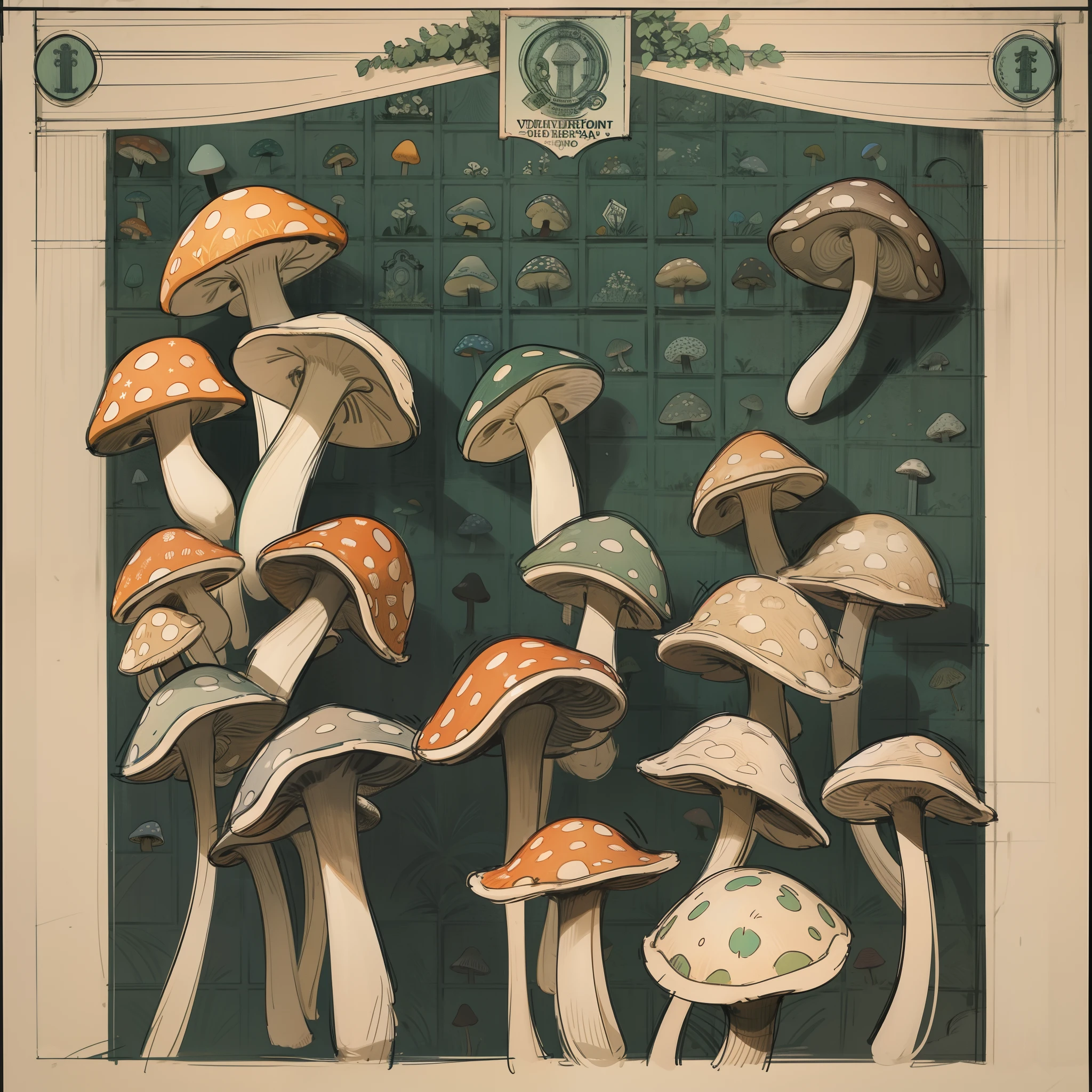 Aubusson verdi Green with mushroom red pattern tile printable fornasetti