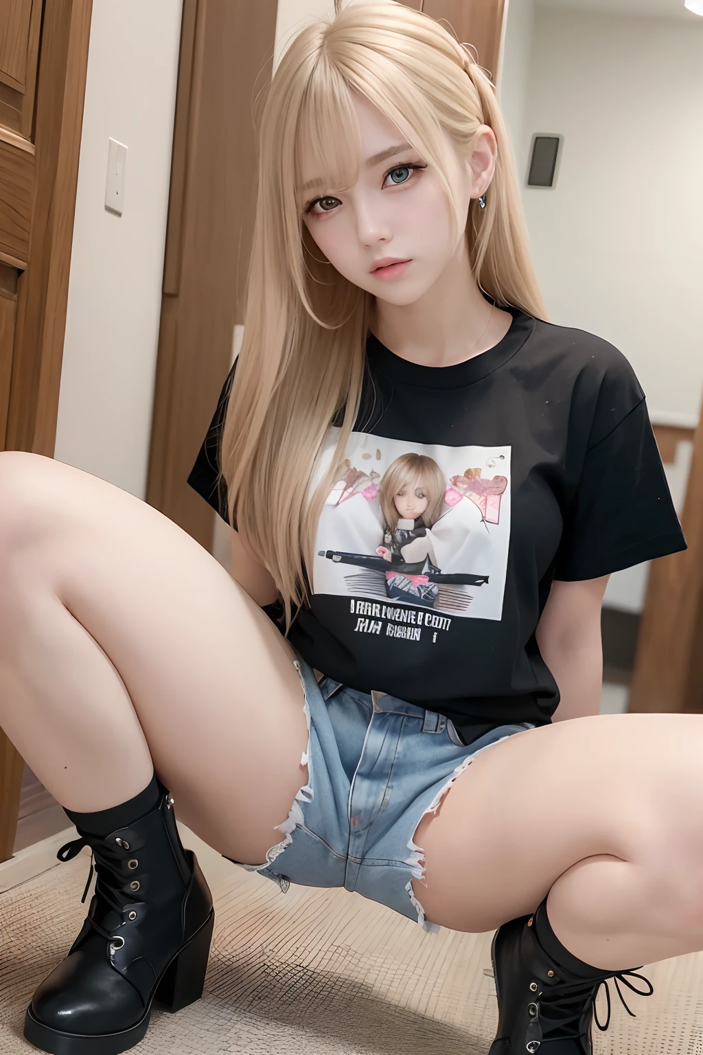 masterpiece, best quality, extremely detailed, a girl, very cute face, idol, blonde hair, long hair, makeup, faint lips, eyeliner, eyeshadow, T-shirt, short pants, boots, squatting, (spread legs widely:1.2), shyly eyes, (crotch focus:1.1), in door, ,