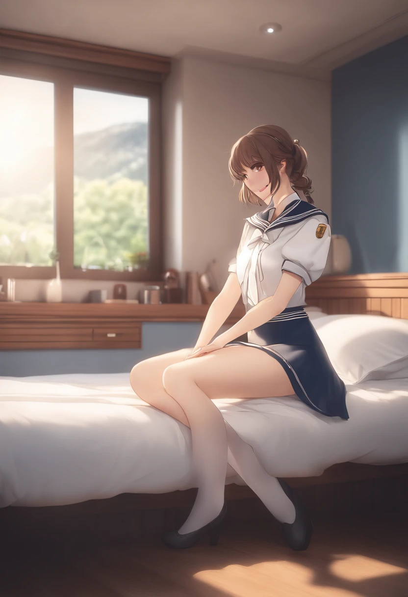 top-quality,ultra-detailliert,masterpiece,realisitic,Photo Real,Bright lighting,1 girl in, Very beautiful 25 year old girl, (kawaii:1.2),Thin smile, (Brown eyes),(brown haired),(bangss),perfect glossy skin,flawless skin,((erotick,Sexy and sexually explicit)),((accurate hands without incongruity)), large full breasts,big breasts thin waist, Look at viewers,((a sailor suit)),((Short sleeve uniform white shirt)),(Blue Mini Pleated Skirt),(((skirt lift by yourself))),(lifted by self),(Showing panties),panties on,panties focus,((Sit up,spread legswide)), sockes, (Black knee socks),(Loafer shoes), during daytime,in room,on the beds,Horizontal long seat with your back to the window