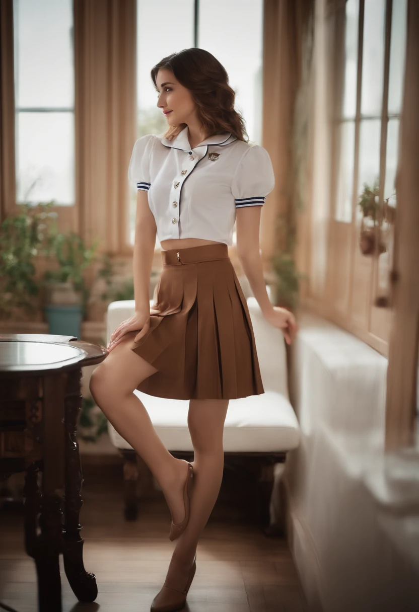 top-quality,ultra-detailliert,masterpiece,realisitic,Photo Real,Bright lighting,1 girl in, Very beautiful 25 year old girl, (kawaii:1.2),Thin smile, (Brown eyes),(brown haired),(bangss),perfect glossy skin,flawless skin,((erotick,Sexy and sexually explicit)),((accurate hands without incongruity)), large full breasts,big breasts thin waist, Look at viewers,((a sailor suit)),((Short sleeve uniform white shirt)),(Blue Mini Pleated Skirt),(((skirt lift by yourself))),(lifted by self),(Showing panties),panties on,panties focus,((Sit up,spread legswide)), sockes, (Black knee socks),(Loafer shoes), during daytime,in room,on the beds,Horizontal long seat with your back to the window