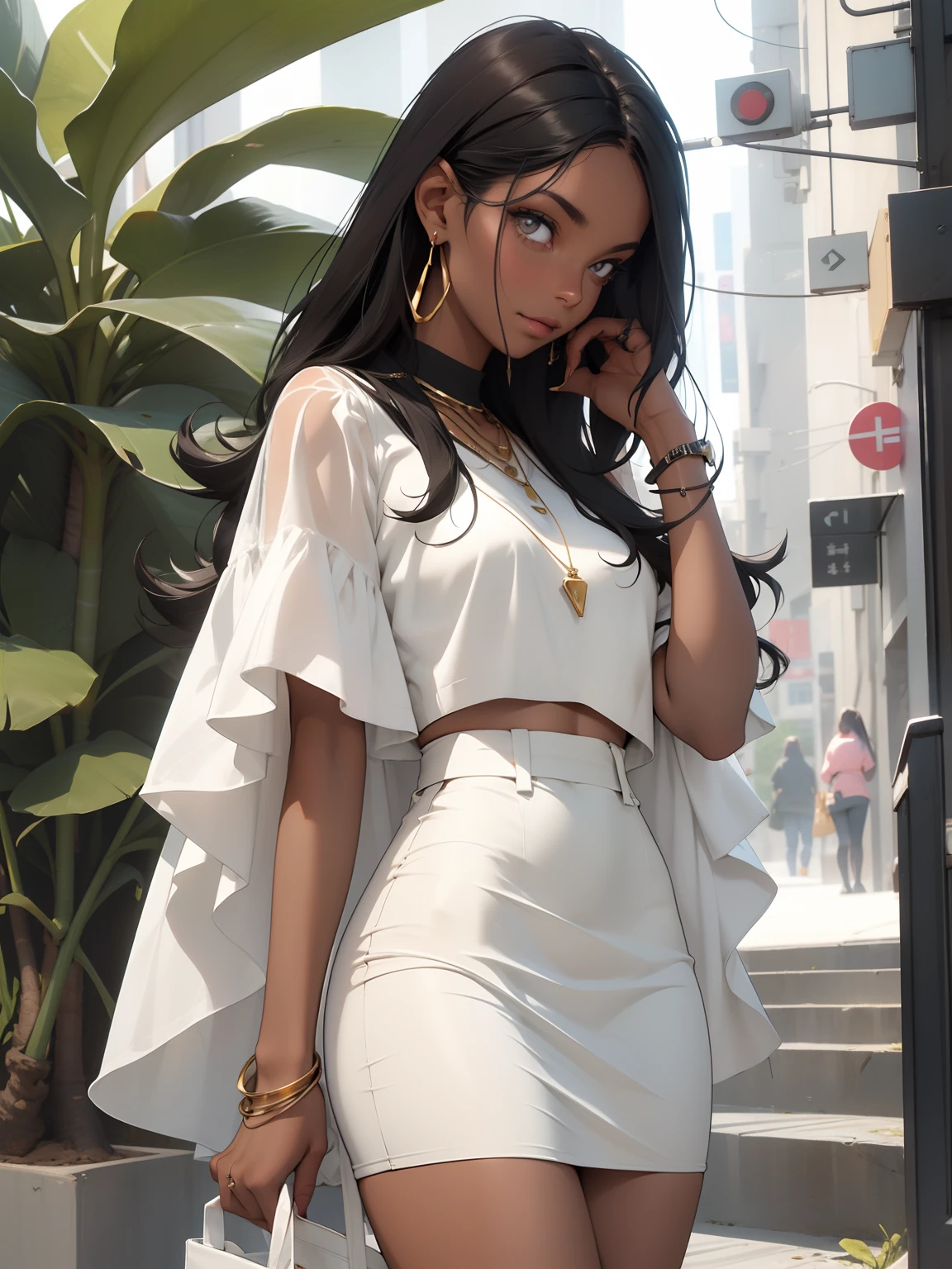 maquiagem, mascara,(( dark skin)), Lips are soft or colored, fundo preto simples, minimalismo, monotone, paletas de cores simples, limpo, Projetos afiados, skirt,silhuetas fluidas, high-waisted mini skirts , vestidos simples, camisas e blusas, assymetrical, geometric, Materiais e designs elegantes e luxuosos, simples, Minimal accessories, Necklaces and thin rings in silver or gold, Pulseiras simples, Designs diferenciados, silhuetas simples, estilo simples e sofisticado, elegence, minimalismo, materiais de alta qualidade, Fresh printing , alta moda, Simplicity and sophistication, sentado