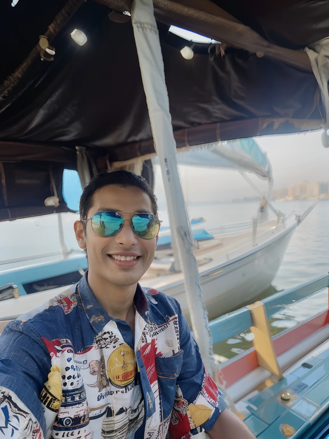 there is a boy wearing sunglasses and a shirt sitting on a boat, mohamed chahin, mohamed chahin style, very very low quality picture, on a boat, emad mostaque, in egypt, riyahd cassiem, candid picture, low quality photo, on a boat on a lake