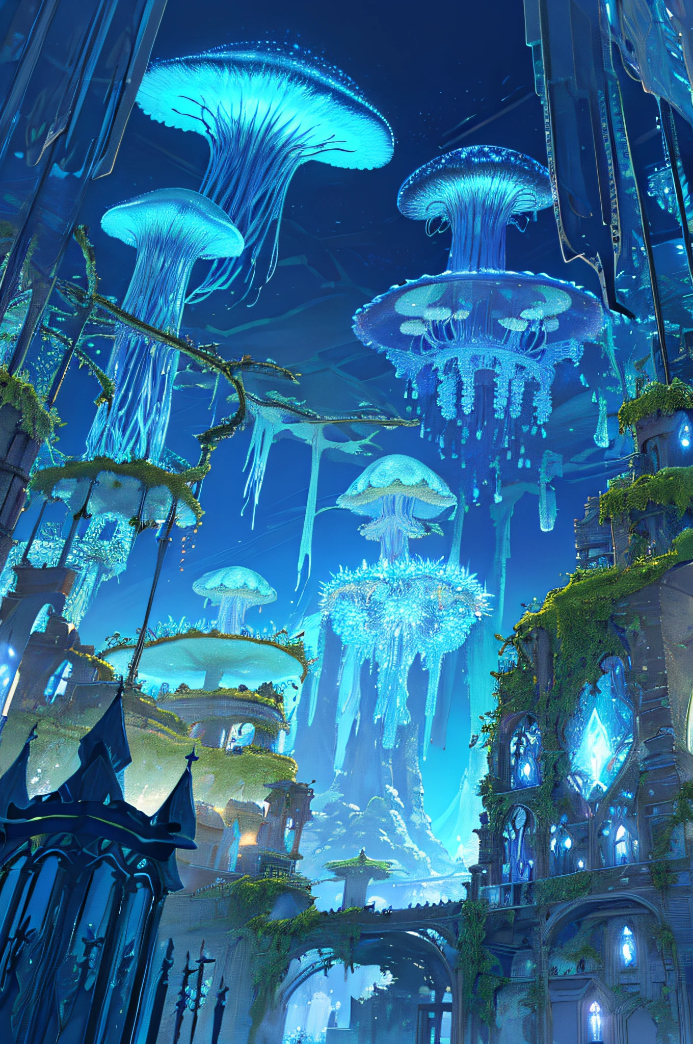 Masterpiece, High Quality, Ocean Forest, City, Fantastic Fantasy, Glowing Plants, Coral Viaduct, (Swarm of Glowing Jellyfish), (Shoal of Fish with Transparent Wings Flying in the Sky), Misty, Extreme Detail, Morning Light, Epic Composition, (Intricate Detail), (Intricate Design, Ultra Detail: 1.2), Art Station, (Masterpiece, Best Quality), Ultra HD, 32k ,castle,relic --v 6