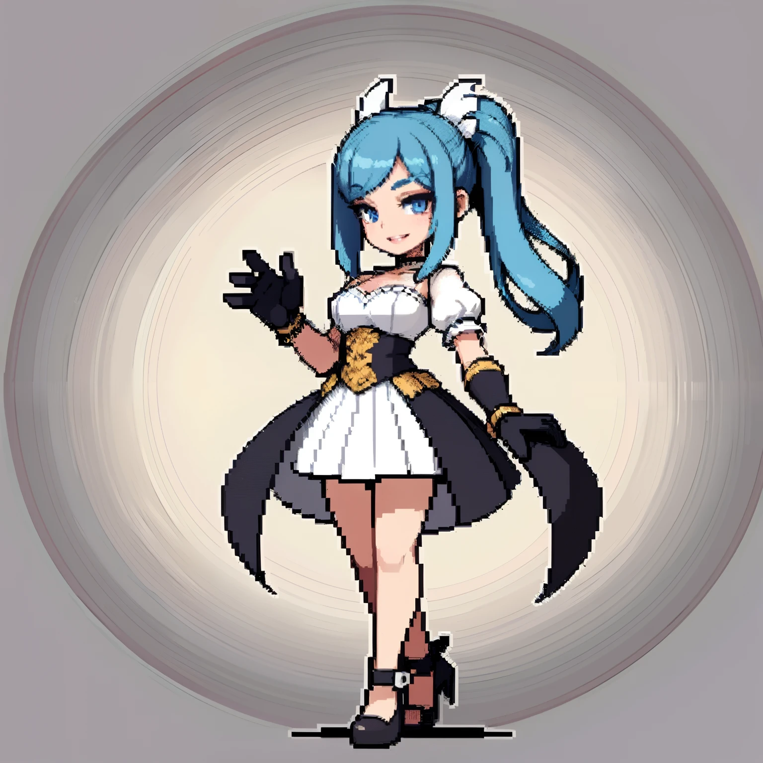 (masterpiece, top quality, best quality, less detail, 8-bit color), pixel,pixel art,1girl,full body, sharp line art, idle pose,korean,realistic, masterpiece, final detail, photo realistic, intricate detail, octane rendering, 8K, 1Girl, full bodyperfect face, beautiful face, NSWF, trough reference, detail hair,, black bow, black gloves, black legs, blue eyes, blue hair, bow, collarbone, dress, drill hair, ruffles, ruffles, gloves, gwen, headdress, highres, long hair, parted lips, puffy sleeves, purple eyes, smile, solo, white dress, oil skin,