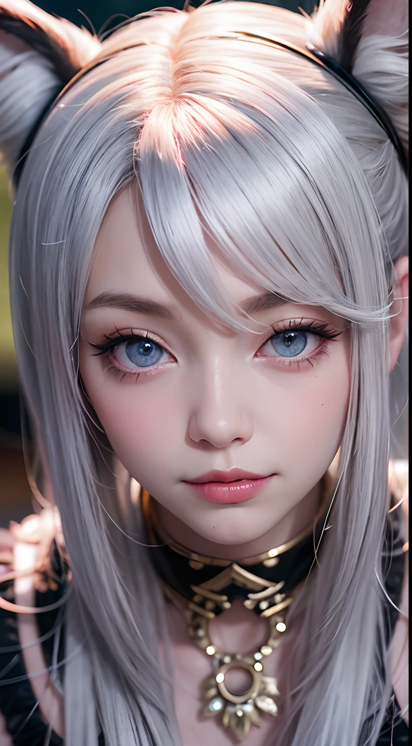 hair bobbles, wince, longeyelashes, solid circle eyes, fake animal ears, light smile, ear blush, fang, silver hair, Surrealism, drop shadow, anaglyph, stereogram, tachi-e, pov, atmospheric perspective, first-person view, wide shot, from above, lens flare, Sony FE, Sony FE GM, 8k, super detail, ccurate, best quality, UHD