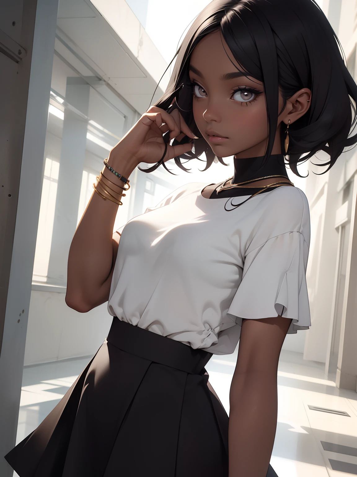 maquiagem, mascara,(( dark skin)), Lips are soft or colored, fundo preto simples, minimalismo, monotone, paletas de cores simples, limpo, Projetos afiados, skirt,silhuetas fluidas, high-waisted mini skirts , vestidos simples, camisas e blusas, assymetrical, geometric, Materiais e designs elegantes e luxuosos, simples, Minimal accessories, Necklaces and thin rings in silver or gold, Pulseiras simples, Designs diferenciados, silhuetas simples, estilo simples e sofisticado, elegence, minimalismo, materiais de alta qualidade, Fresh printing , alta moda, Simplicity and sophistication, sentado