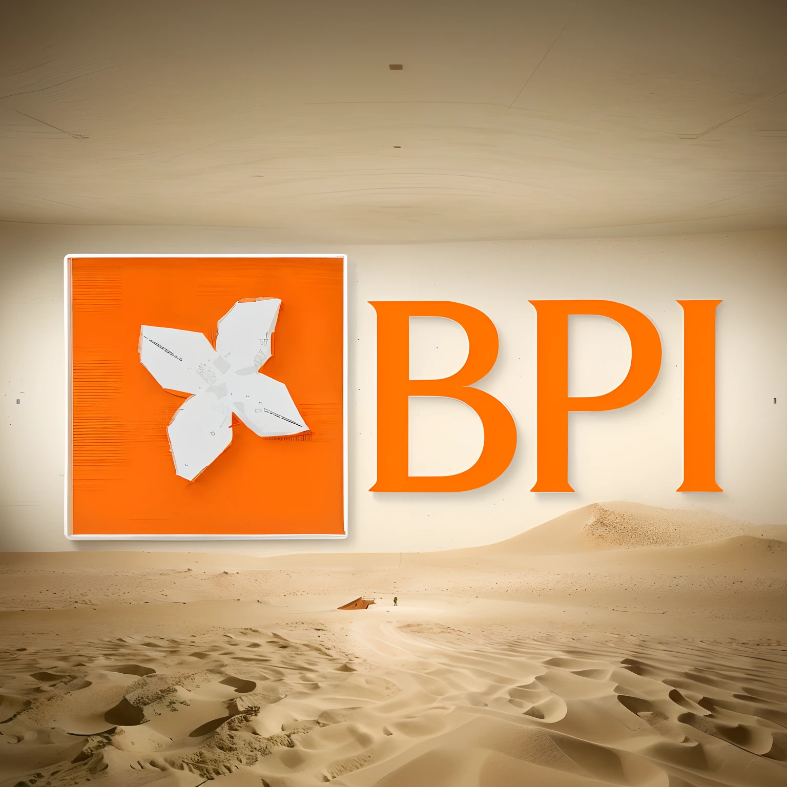 illustration in two colors white/orange interior view of a very large stock exchange operations room inside a sandbox, the BPI logo must be visible, not chang the logo