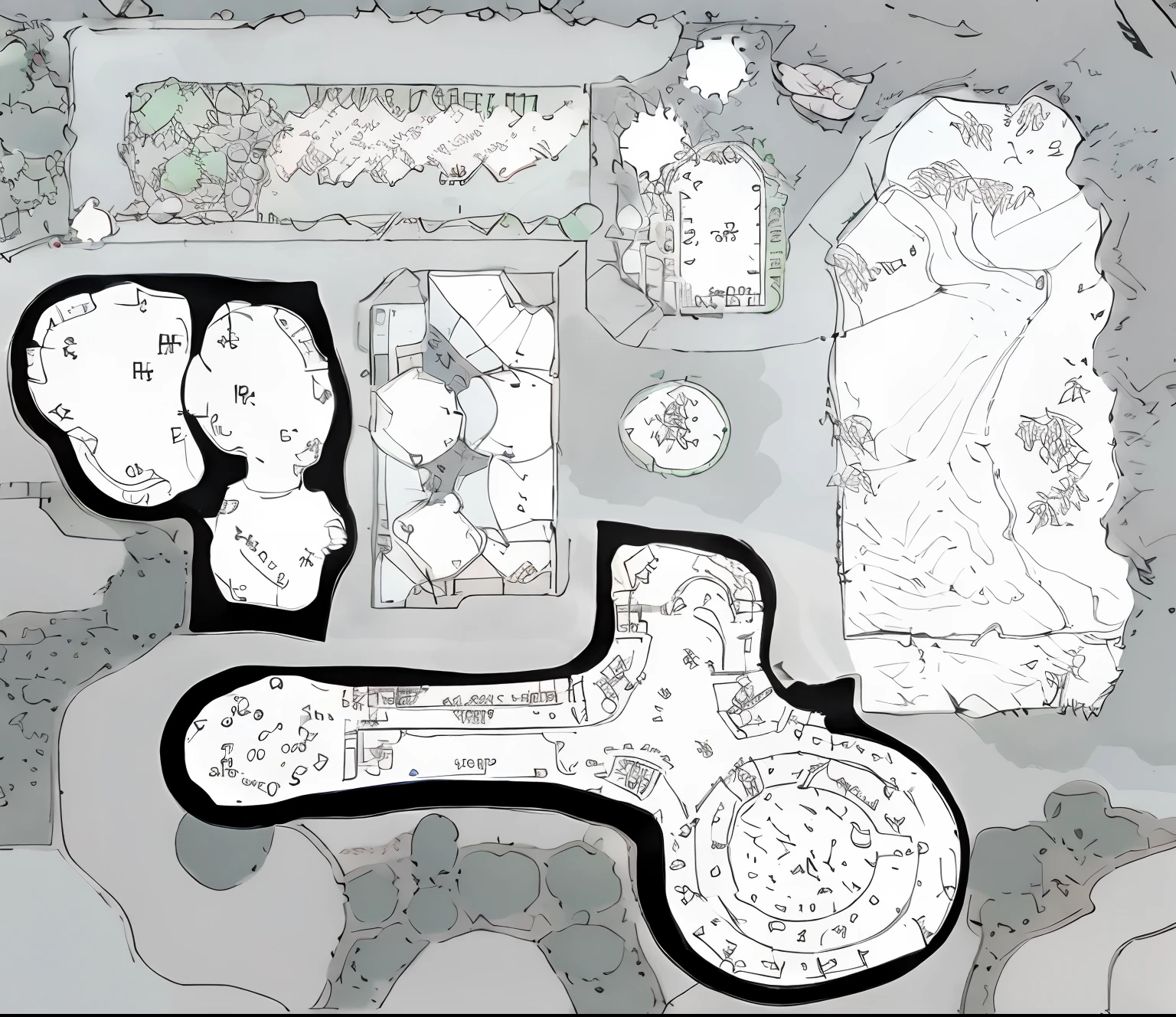 Drawing of a cartoon map of a park with a lot of animals, Grid-free DND map, Game map, battle map prop, an isometric fantasy map, r / Battle map, stylized linework, layout of map, game concept, Map of Patryne, 2d game lineart behance hd, 2d game lineart behance hd