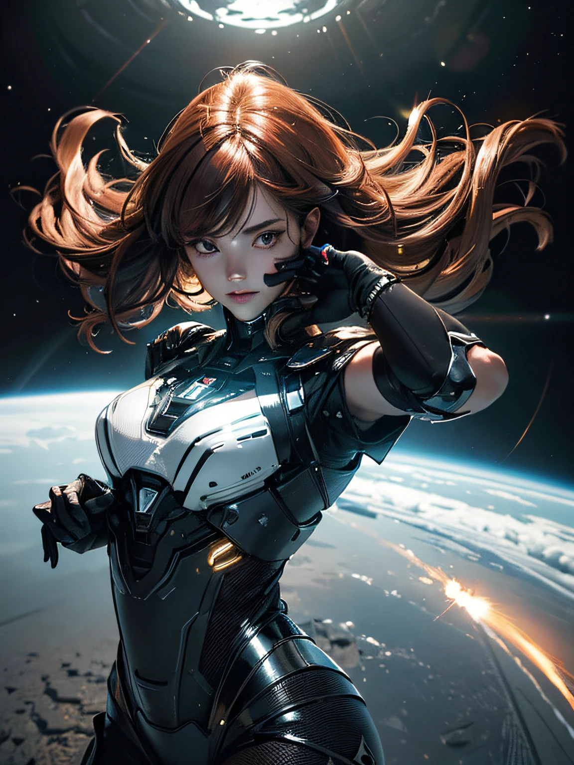 ((masterpiece)),((Best Quality)),(Ultra-detailed),(High contrast),(Beautiful detailed eyes),((Extremely delicate and beautiful)),(nice hand, Perfect hands), Ultra-precise depiction, Reflected Light, Girl in cybersuit, Floating in the weightlessness of space, multicolored hair, Asymmetrical hair, Bangs, Long hair, hair messy, Shiny hair, close-up, Looking at Viewer, Fluttering hair, Dance of Light, reflective light, Cinematic lighting, spark of light, Backlighting