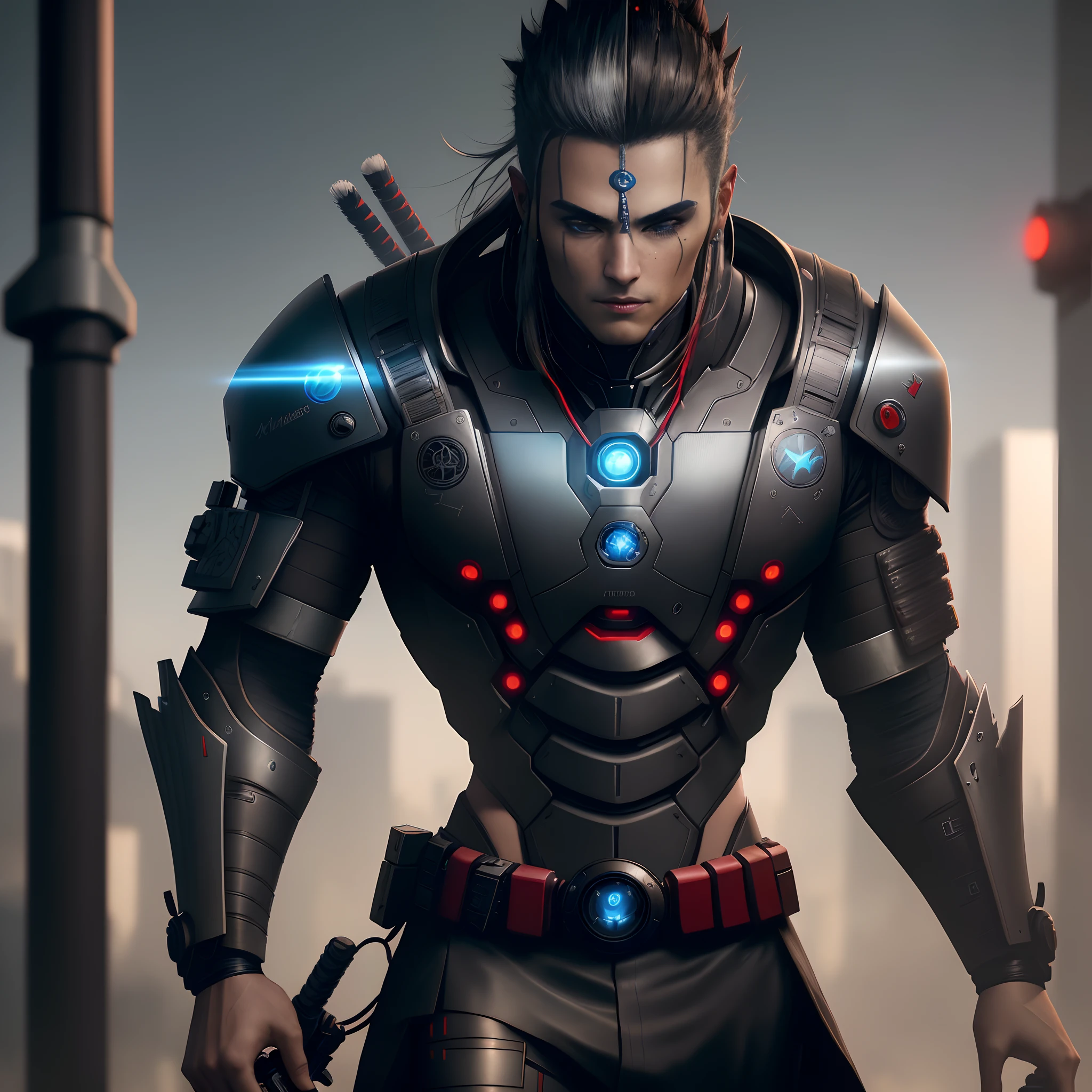 Um homem jovem avatar samurai, with a cyberpunk-inspired robotic look. cyberpunk mask,  O avatar tem longos cabelos ruivos e empunha duas katanas. The image quality is set to the best, with 4K resolution or higher. Os detalhes do avatar devem ser ultradetalhados, with a realistic and photorealistic rendering. The image style should incorporate a cyberpunk aesthetic, com cores vivas e uma atmosfera futurista. O tom da cor deve ser dominado por tons de vermelho, Creating an intense and dramatic look. The lighting should be dynamic, With studio-grade lighting effects that highlight the avatar's features and bring depth to the image.