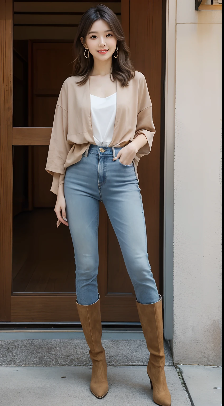 Japanese woman, full body photo, wearing a suede shirt with short chest length, medium-long hair, light brown hair color, height 165 cm, beautiful legs, thin thighs, small butt, wearing slim jeans...wearing long boots . She is a beautiful woman walking with a smile. She is wearing brown pants, her chest is exposed, and she is also wearing some fancy earrings, showing everything from head to toe. this is a real photo