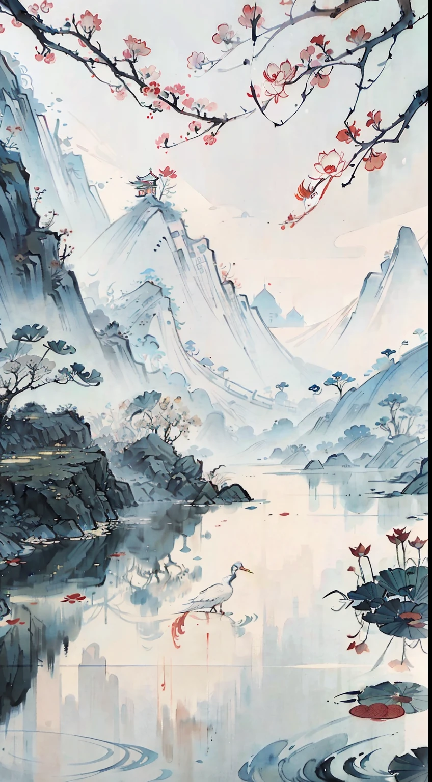 White crane painting in lotus pond, Chinese brush illustration, Chinese painting style, Chinese traditional painting, Chinese traditional ink painting, Chinese style painting, Chinese watercolor style, Chinese ink painting, beautiful artwork illustration, inspired by Xiao Yuncong, Chinese traditional art, Chinese painting, Zhongyuan Festival, inspired by Wang Yuanqi