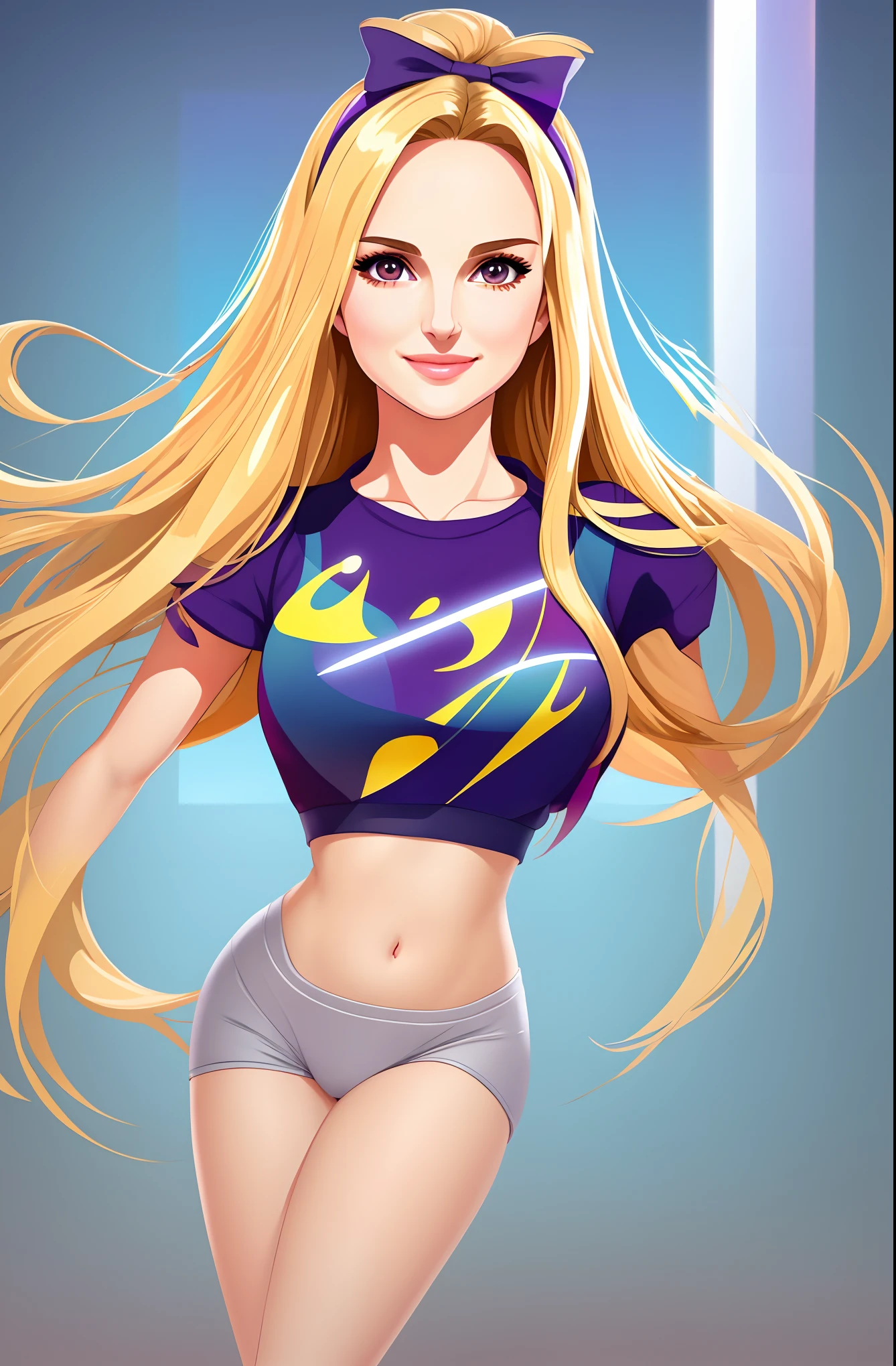 uo,flat vector art, ABBA singer,woman, beautiful anime style woman,Natalie Portman,smiling,Blonde flat color, wide angle, clean detailed faces, intracate clothing, analogous colors, glowing shadows, beautiful gradient, depth of field, clean image, high quality, high detail, high definition, Luminous Studio graphics engine, cute face, slim waist, nice hips,sportive fit legs,super fine sport shoes,