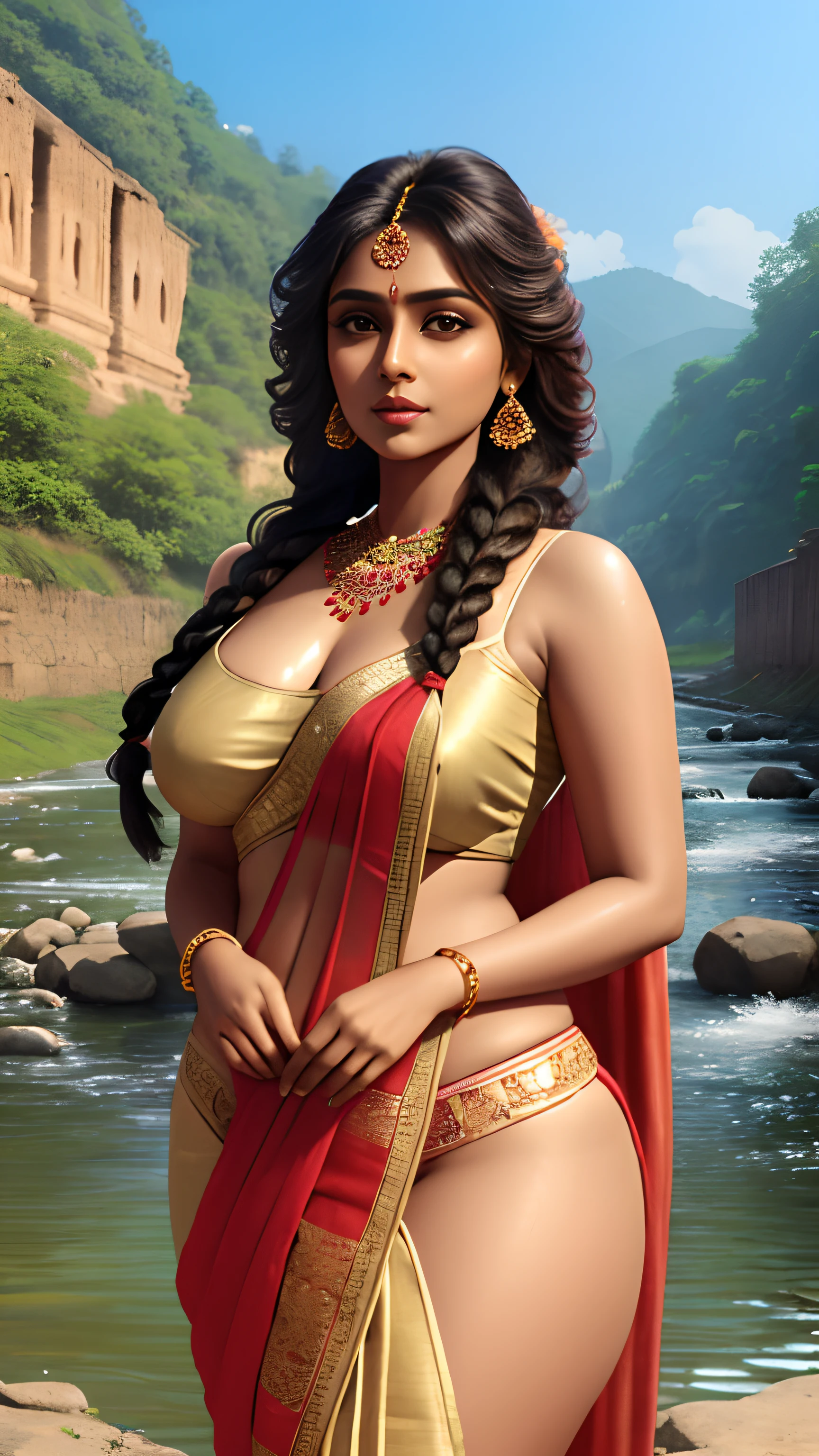 Beautiful indian woman, portrait, wearing saree, detailed face, cute, big eyes, iconic, photorealistic, village river side, detailed background, big breasts,  minimal clothing, wet body, long braid hair, curvy body, symmetric face, masterpiece, 8k, ultra realistic