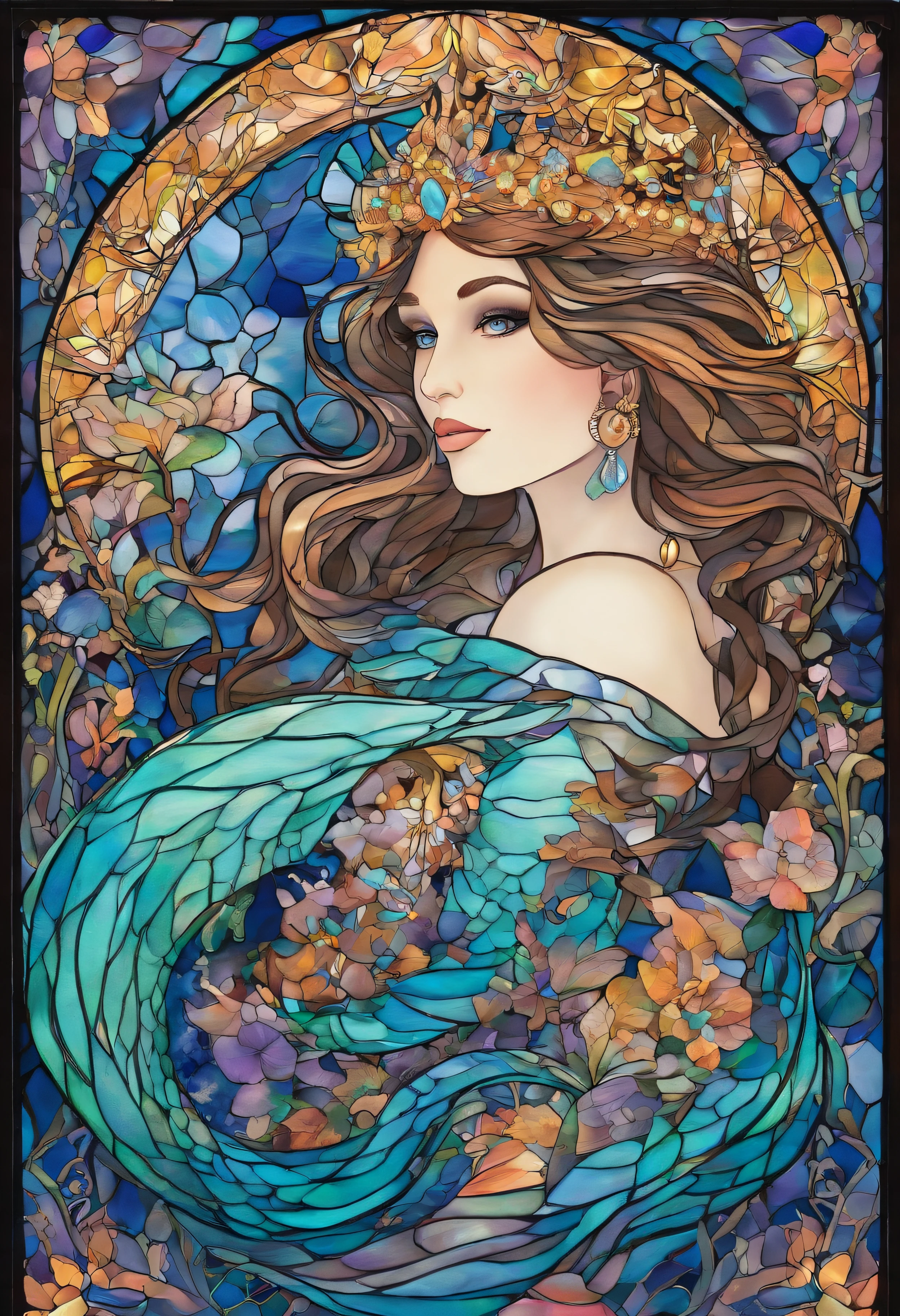 Em 8k, She embodies perfection, a mermaid of regal stature, akin to a celestial goddess. Her form shimmers with iridescent hues, as though the very essence of the ocean's beauty resides within her. Her eyes, deep pools of liquid sapphire, hold the mysteries of the deep sea, captivating all who gaze upon them. Her flowing, opalescent hair cascades like a waterfall of moonlight, adorned with pearls and jewels that rival the stars. But it is her tail that truly enchants; a masterpiece of aquatic artistry, it undulates with a hypnotic grace, each scale reflecting a kaleidoscope of colors. Whispers speak of it as the most beautiful in all the realms, a testament to her royal lineage. She is, without a doubt, the epitome of mermaid perfection."