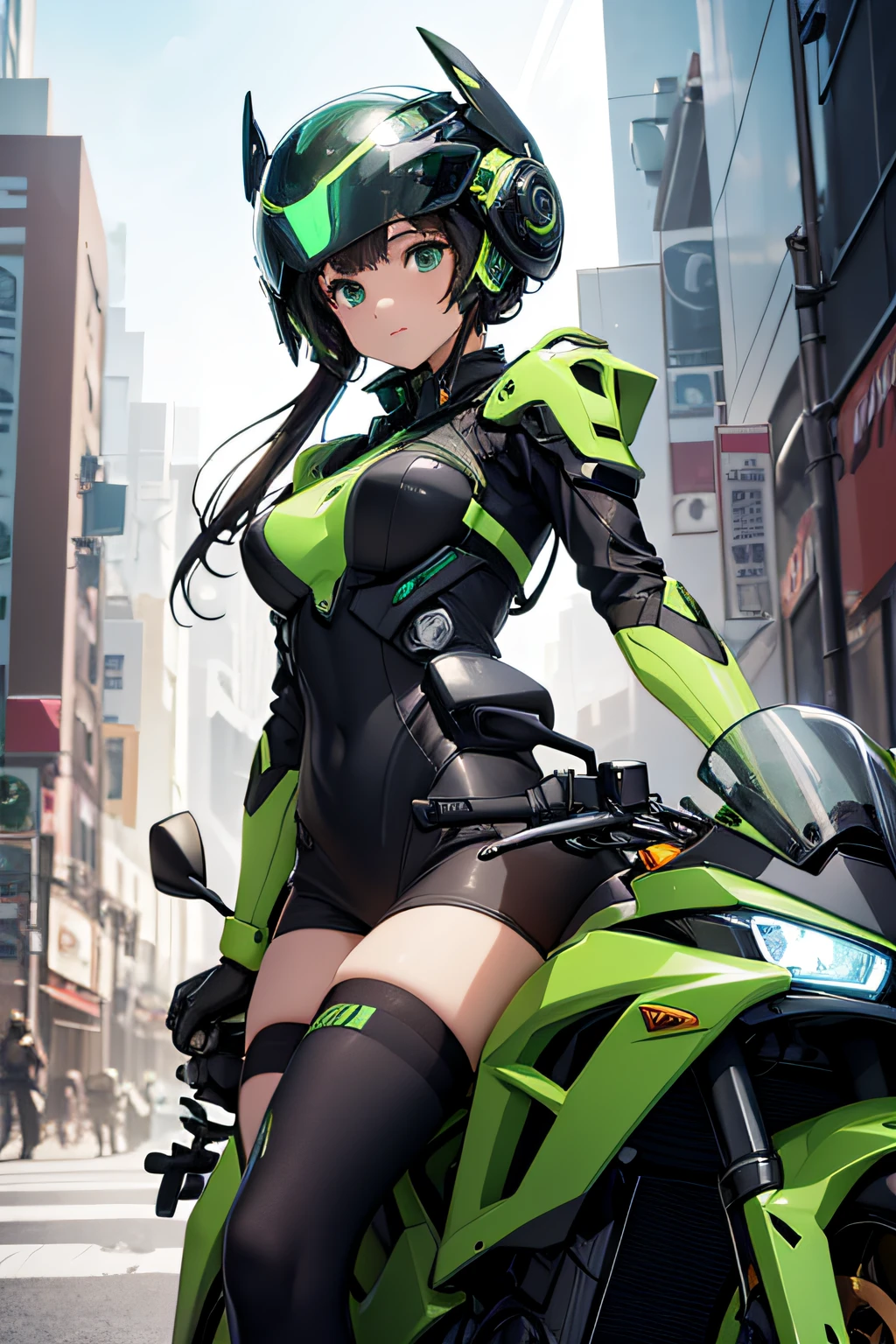 Highest image quality, outstanding details, ultra-high resolution, (realism: 1.4), the best illustration, favor details, highly condensed 1girl, with a delicate and beautiful face, dressed in a black and green mecha, wearing a mecha helmet, holding a directional controller, riding on a motorcycle, the background is a high-tech lighting scene of the future city.