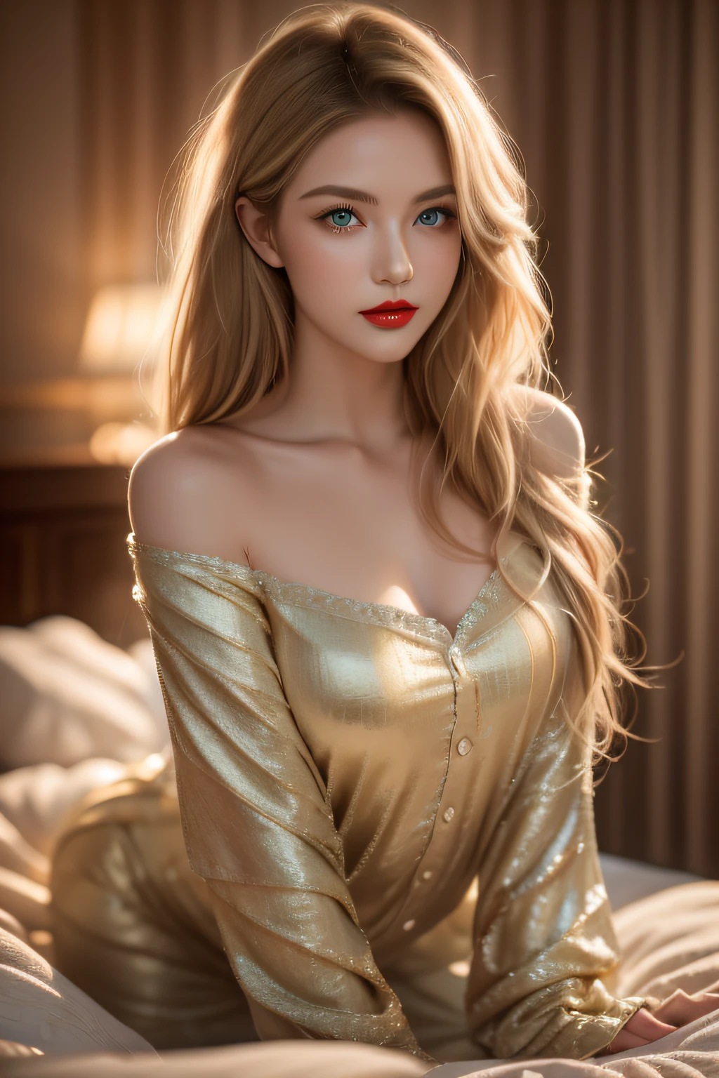 nsfw、beautiful woman、lipgloss、gentle smile、beautiful makeup、full body、kneeling on a bed、shiny sparkling very large necklace(neon gold)、naked medium breasts、shiny glossy latex tight mini skirt(neon gold)、multicolor hair(neon hot pink)、long white fluffy fur coat with white fluffy fur(bright white)、conceptual art, High quality, Realistic, extremely detailed CG unified 8k wallpaper, highly detailed, High-definition raw color photos, professional photography, Realistic portrait, Cinematic Light, Beautiful detailed, Super Detail, high details, (((Bokeh))), depth of fields, illumination, large sparkling neon hotel room, Super stylish lighting