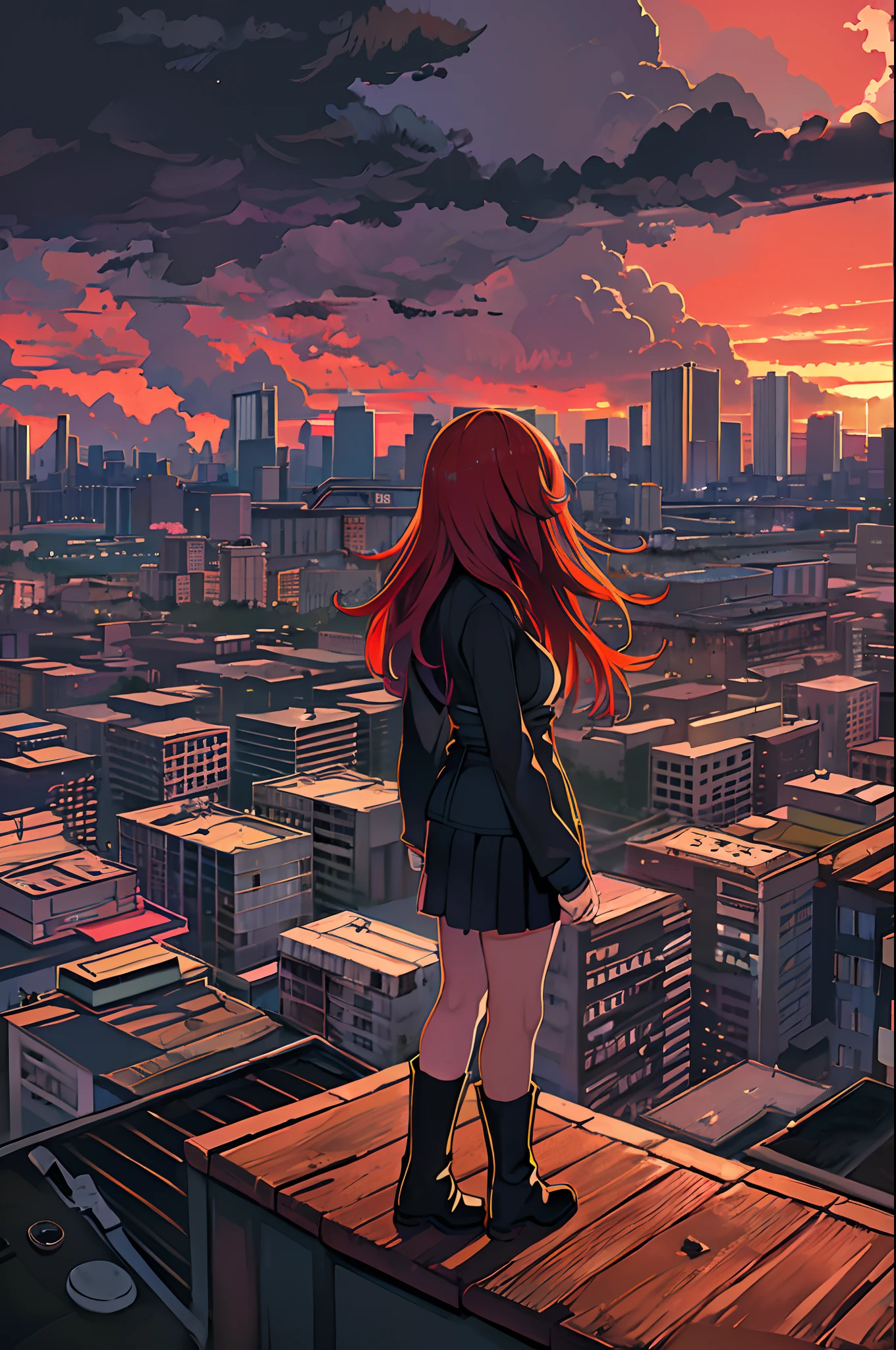 ((Best Illustration)) Brazilian girls, Red hair, Teenage body, Black top, Black tight skirt, black boots, Urban landscape, building, sky line, Sunset, Silhouette against the background of clouds, Contemplative.