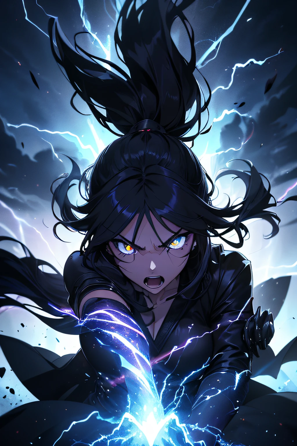 (best quality,4k,8k,highres,masterpiece:1.2),ultra-detailed,(realistic,photorealistic,photo-realistic:1.37),evil anime girl fighting her enemy,dark sinister background, intense battle scene, dynamic poses, vibrant colors, glowing magical effects, ethereal atmosphere, sharp focus, anime style, intense action, intense emotions, fierce determination, vivid blue color scheme, dramatic lighting, ominous shadows, detailed facial expressions, flowing hair, fantasy setting, supernatural powers, epic confrontation, high-speed movements, contrasting elements, dynamic composition, intense eye contact, menacing aura, dramatic perspective, powerful energy blasts, swirling smoke, intense battle cries, crackling lightning bolts, katana sword, intense adrenaline rush.