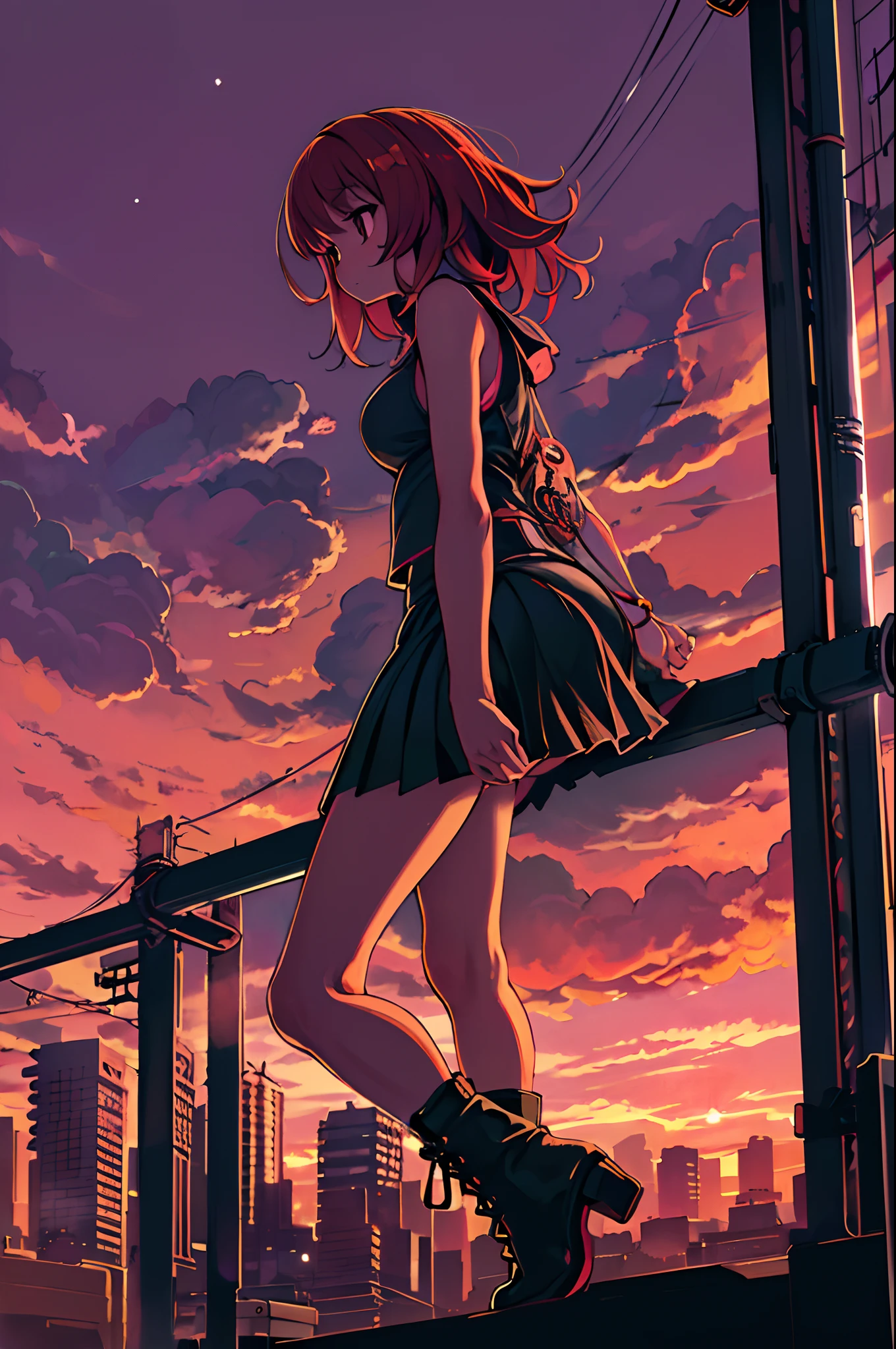 ((Best Illustration)) Brazilian girls, Red hair, Teenage body, Black top, Black tight skirt, black boots, Urban landscape, building, sky line, Sunset, Silhouette against the background of clouds, Contemplative.