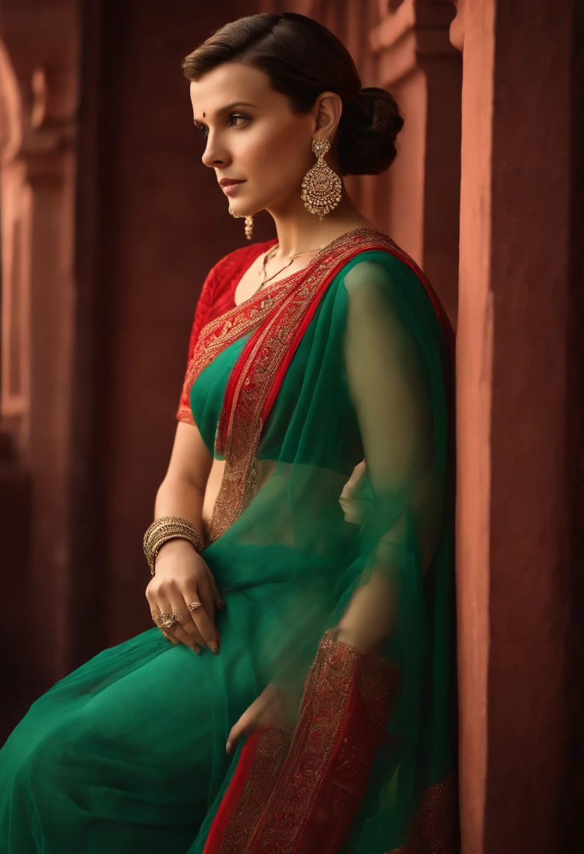 Millie Bobby Brown in Indian saree red color, realistic, hyperrealistic, 8k image, detailed image, close shot, wearing earrings, short bob hair cut, hot look, leaning on a wall during photoshoot.