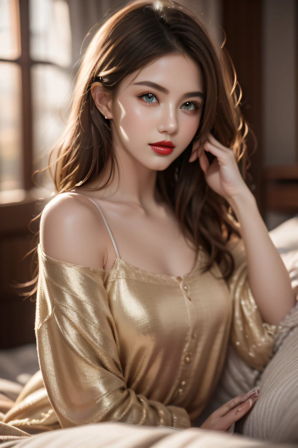 (masterpiece, Highest quality:1.3), (Super detailed:1.2), (hyperRealistic:1.3), (RAW Photos:1.2),High-definition RAW color photos, Professional photos, (PhotoRealistic:1.4), (Realistic:1.4), ,Professional Lighting, (Japanese), Beautiful Face, (Realistic face), Cute Woman, (Brown Hair, Big Breasts:1.2), (Bright smile:1.5), Trending Hair&Trending Hairカラーをランダムに, Sexy, erotic Sexy, Random sexy gravure poses, (A beautiful woman in gold lingerie、Lying seductively in a luxurious bedroom。A delicate necklace is hanging around her neck。:1.3)