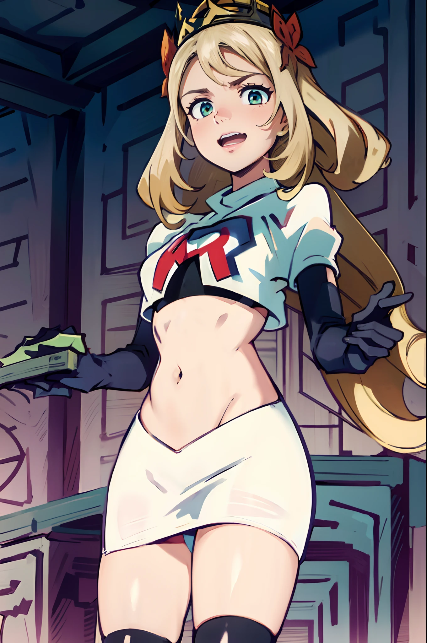 face of celinefe, celinecrown, team rocket, team rocket uniform, red letter R, white skirt,white crop top,black thigh-highs,black elbow gloves, evil laugh, hand over mouth, looking down on viewer