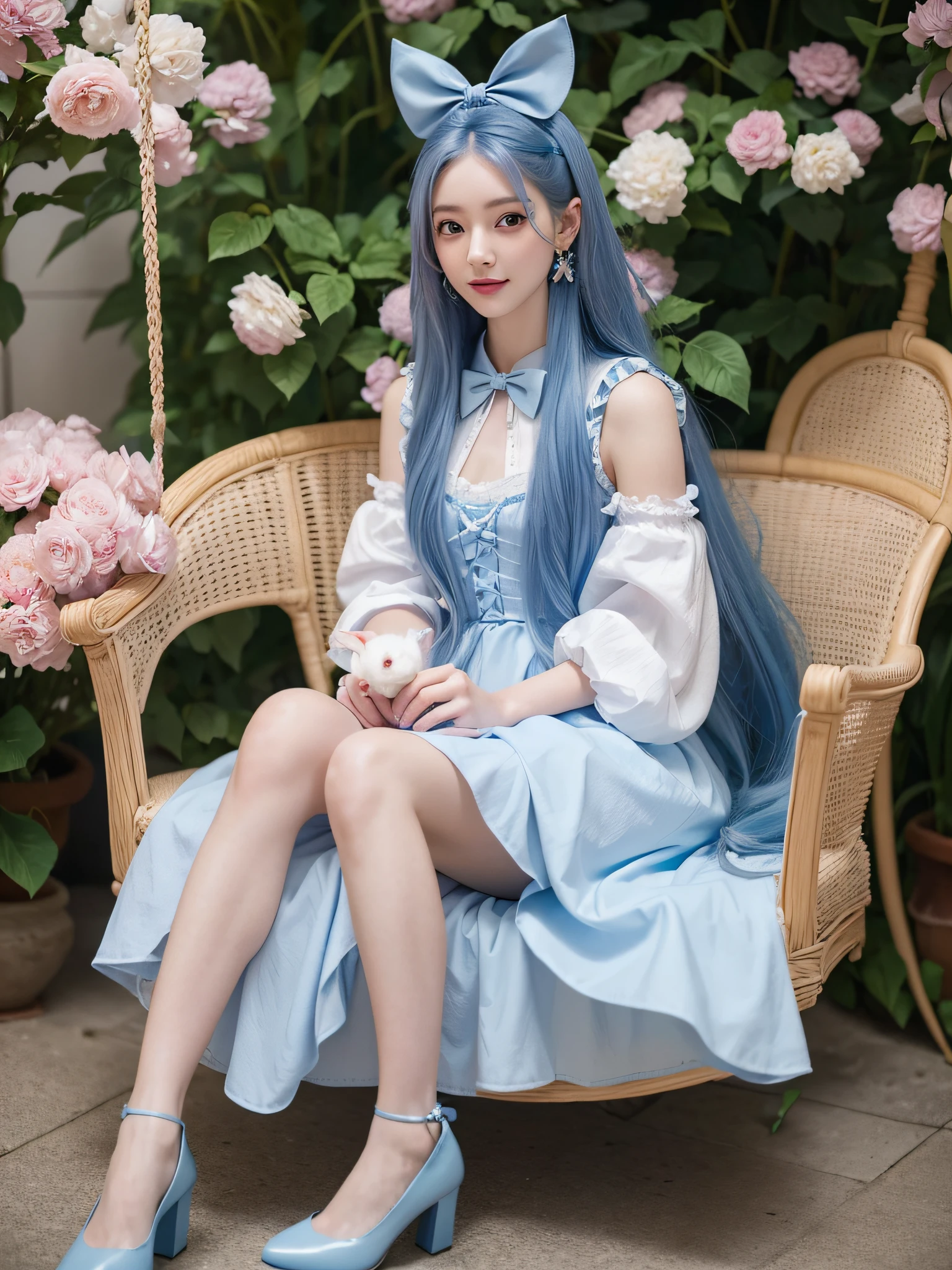 Girl with long blue hair，Swing inside the flower room，Large European double eyelids，Add a small upturned nose，Smile lips，Willow eyebrows，With butterfly earrings，Holding an angora rabbit in his hand，Wearing blue Lolita，A pink bow on the head，Wearing small light blue leather shoes，Super realistic