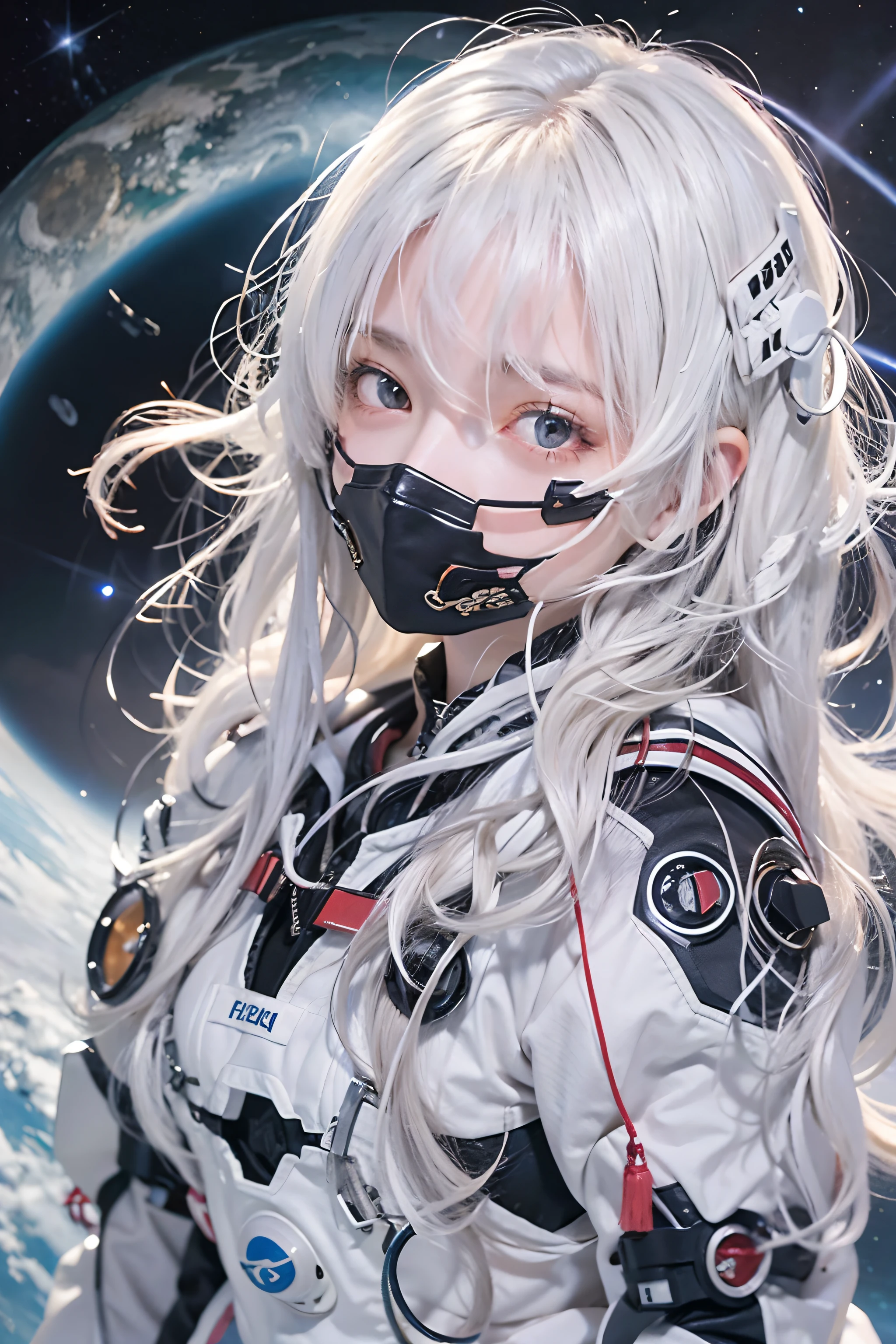 1girl in、White hair、Lots of cords from the head、kosmos、Black spacesuit、Evangelion、Milky Way、a moon