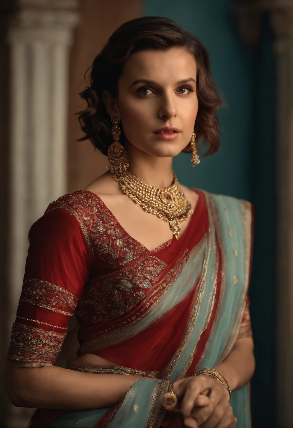 Millie Bobby Brown in Indian saree red color, realistic, hyperrealistic, 8k image, detailed image, close shot, wearing earrings, short bob hair cut, hot look, leaning on a wall during photoshoot.