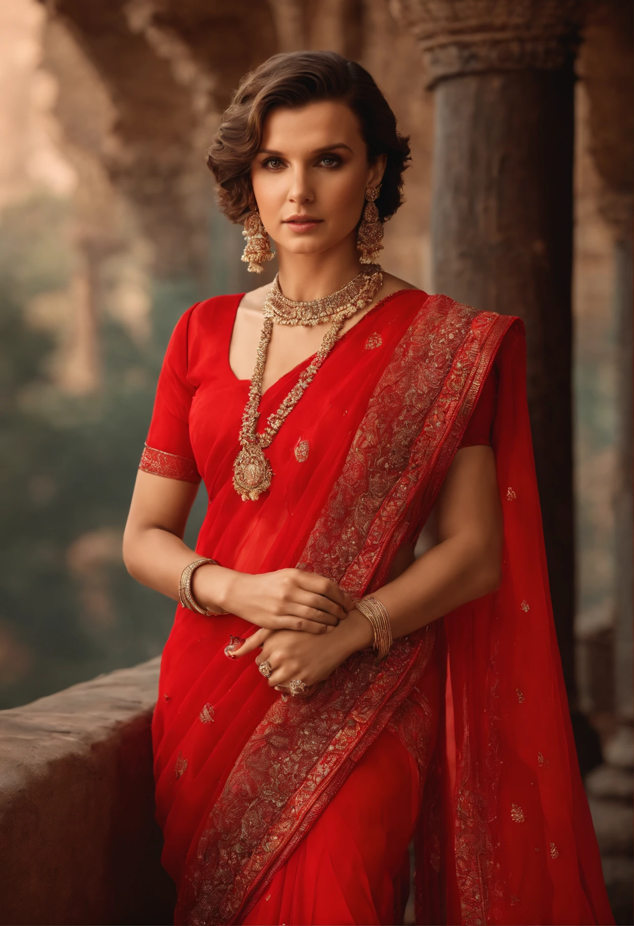 Millie Bobby Brown in Indian saree red color, realistic, hyperrealistic, 8k image, detailed image, close shot, wearing earrings, short bob hair cut, hot look, leaning on a wall during photoshoot.