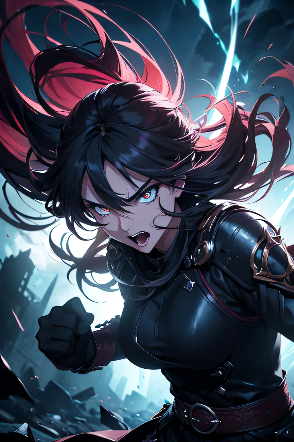 (best quality,4k,8k,highres,masterpiece:1.2),ultra-detailed,(realistic,photorealistic,photo-realistic:1.37),evil anime girl fighting her enemy,dark sinister background, intense battle scene, dynamic poses, vibrant colors, glowing magical effects, ethereal atmosphere, sharp focus, anime style, intense action, intense emotions, fierce determination, vivid blue color scheme, dramatic lighting, ominous shadows, detailed facial expressions, flowing hair, fantasy setting, supernatural powers, epic confrontation, high-speed movements, contrasting elements, dynamic composition, intense eye contact, menacing aura, dramatic perspective, powerful energy blasts, swirling smoke, intense battle cries, crackling lightning bolts, katana sword, intense adrenaline rush.