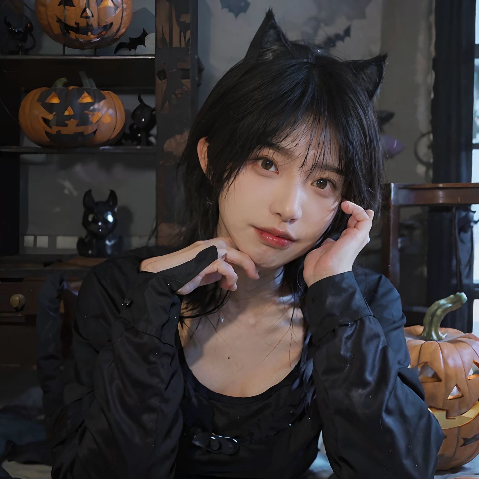 8K、(((Halloween atmosphere)))、Witch's attire、(Sexy poses collection)、(((Black hair color))) 、undersized head、Best Quality, 超A high resolution, (Realism: 1.4), Realistic Photos, (True skin texture: 1.3), Beautiful eyes and face details, masutepiece, Best Quality, Full body、bob cuts、18year old、(((Black cat ears)))