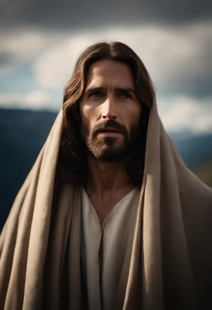 Symbolic representation of Jesus Christ, in the middle of an immense mountain covered by a cloak.