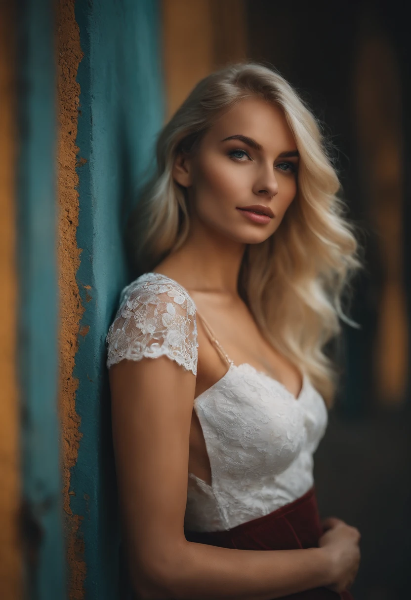 erstelle mir ein blondes Instagram model,russisches aussehen, with a nice bust leaning against the wall