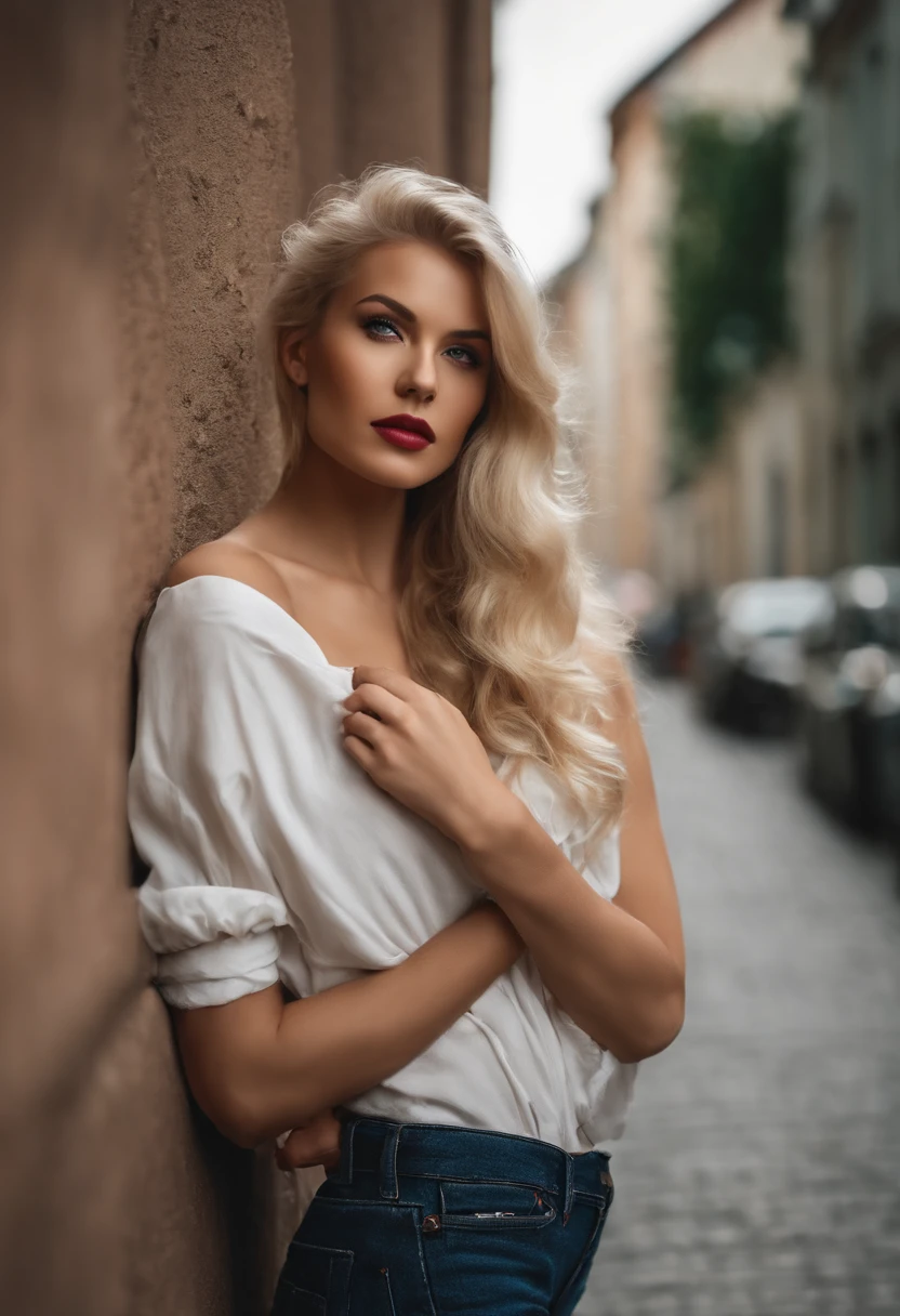photo taken by Canon EOS 80D, 1girl, close up, blurry background, 8k, raw photo, best quality, High res, award winning, photorealistic, ultra detailed, rim lighting, (japanese woman, 23 years old), (blondie long messy hair), looking at the camera, natural makeup, detailed eyes, (Medium breast size:1.4), ultra realistic, Detailed clothing, realistic clothing, ((Wearing Over sized cropped black and white shirt with sneakers logo it)), (Ripped Jeans), real fair light skin, realistic background, detailed background, ((Happy)), (modern quality image), jaw dropping, realistic shadow, realistic lighting, (big butt), (dark background), City alley, crowd, (Hype), (Model), Beautiful, (Full body shot), (Standing), (Detailed Skate board), (Realistic Skateboard), (Skateboard on the wall), (Leaning back on the wall), (Boyish), (night time), (night light)