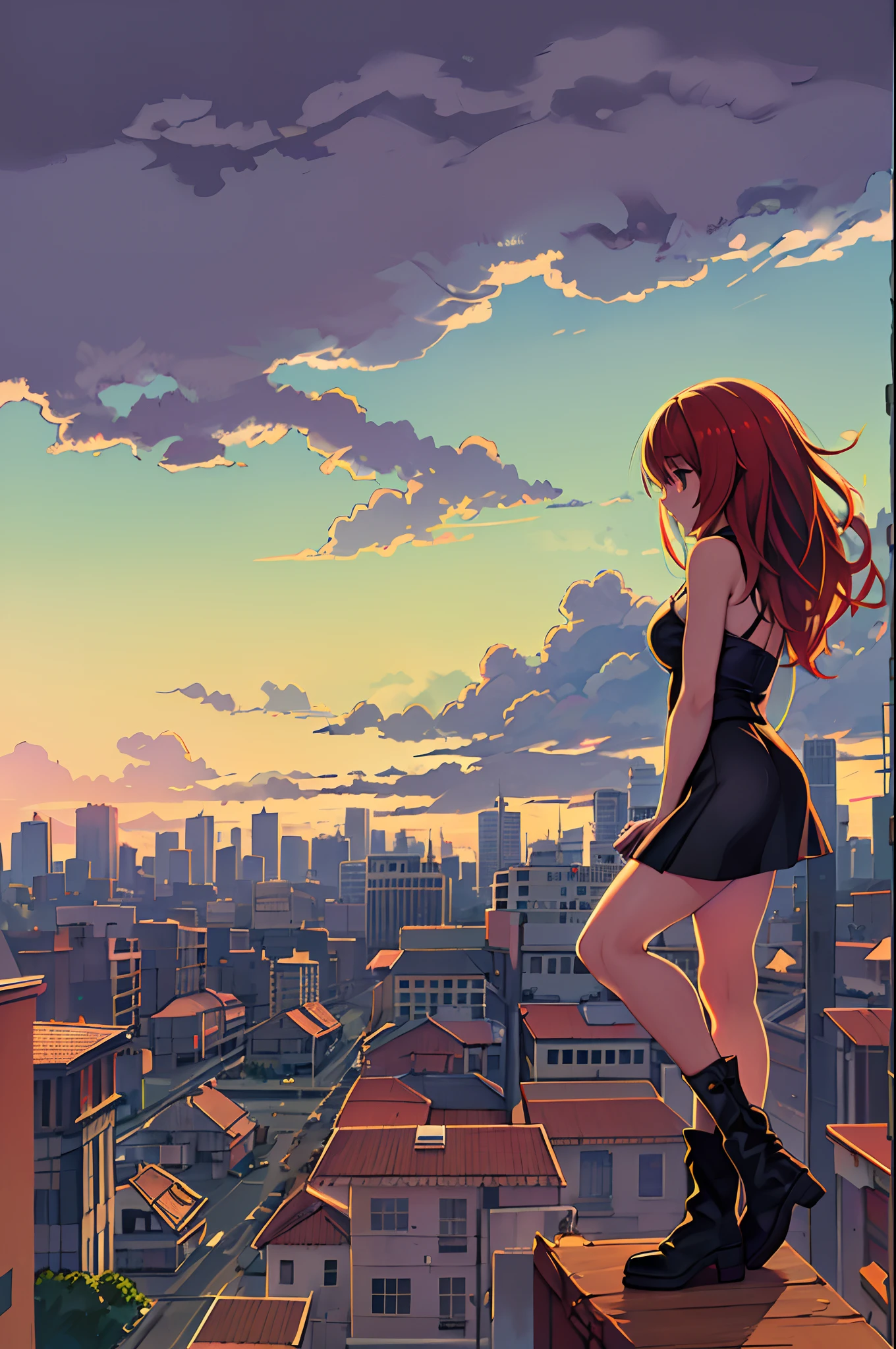 ((Best Illustration)) Brazilian girls, Red hair, Teenage body, Black top, Black tight skirt, black boots, Urban landscape, building, sky line, Sunset, Silhouette against the background of clouds, Contemplative.
