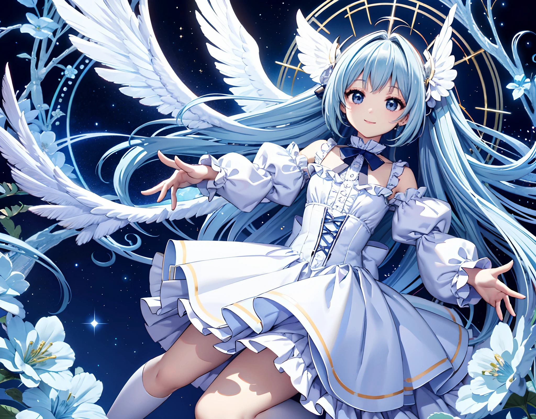 Angel wings shining in seven colors、Kawaii Girl、adorable smiling、Twin tails with long light blue hair、Light blue and white angel leotard、((top-quality))、((masterpiece))、(ighly detailed、highestdetailed、Official art、Beautifully Aesthetic:1.2)
